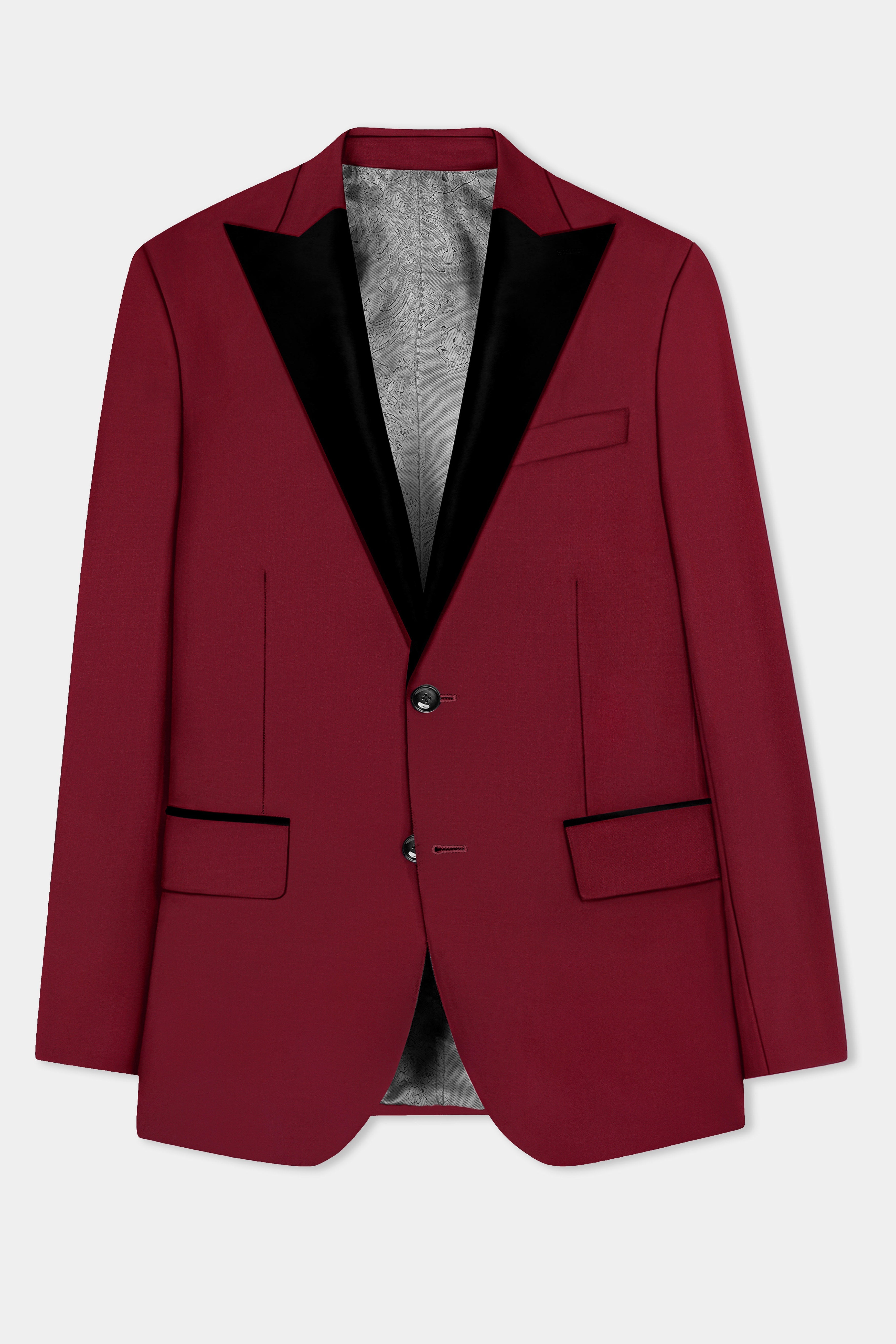 CrimsonAce-Cherry Red Solid Wool Rich Peak Lapel Tuxedo Slight Stretch Suit