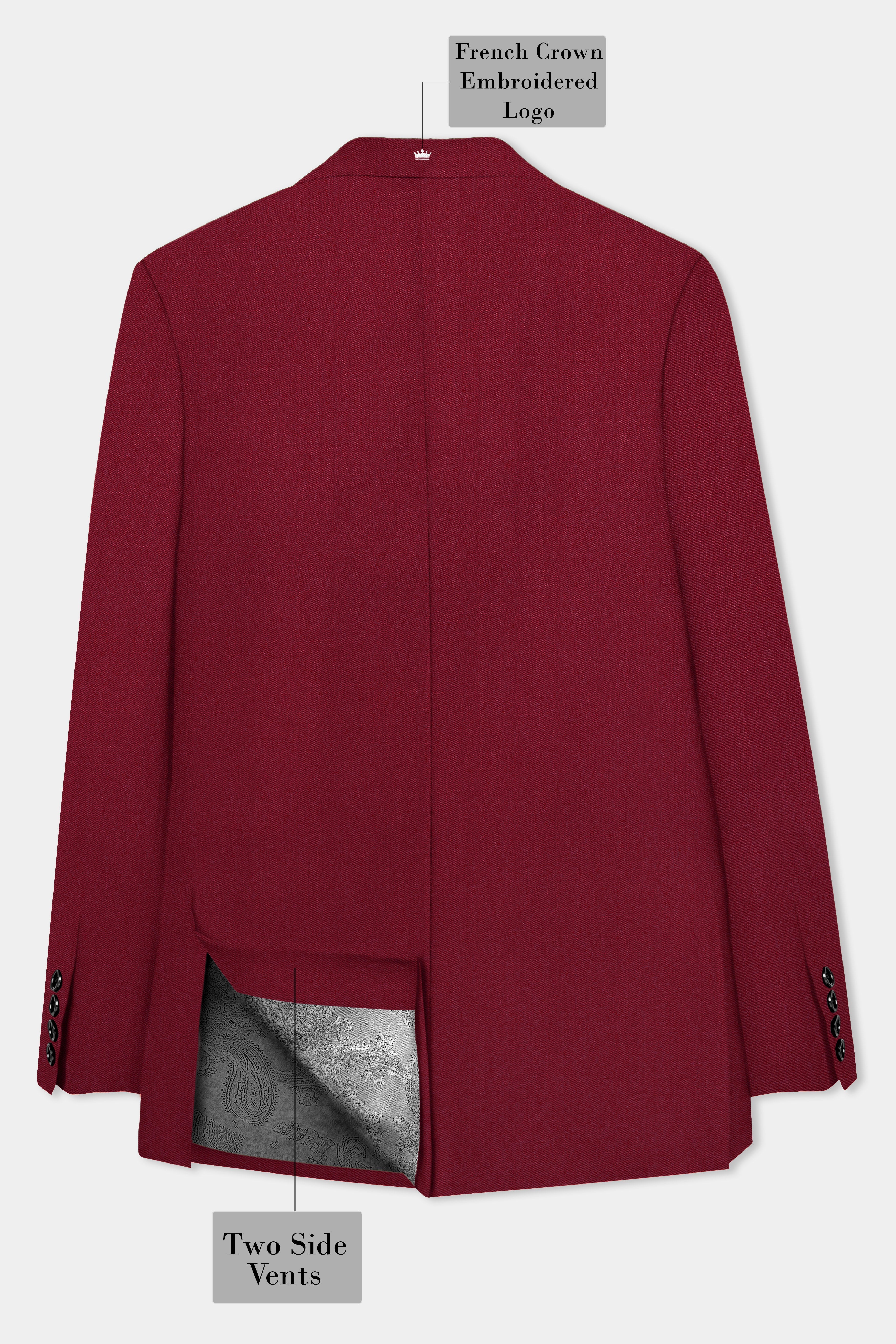 CrimsonAce-Cherry Red Solid Wool Rich Peak Lapel Tuxedo Slight Stretch Suit