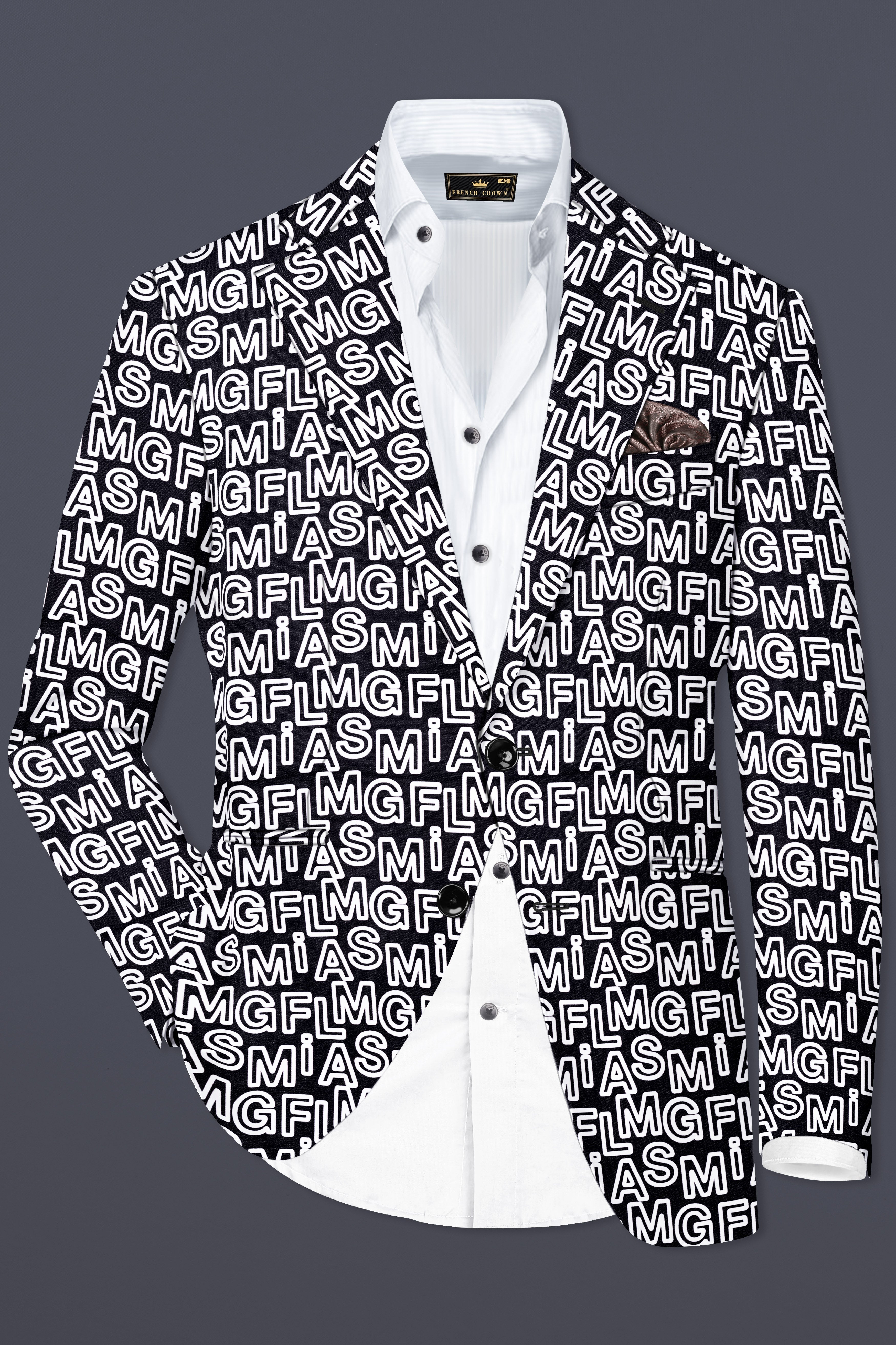 Jaguar Black And Bright White Alphabets Printed Premium Cotton Designer Single Breasted Suit