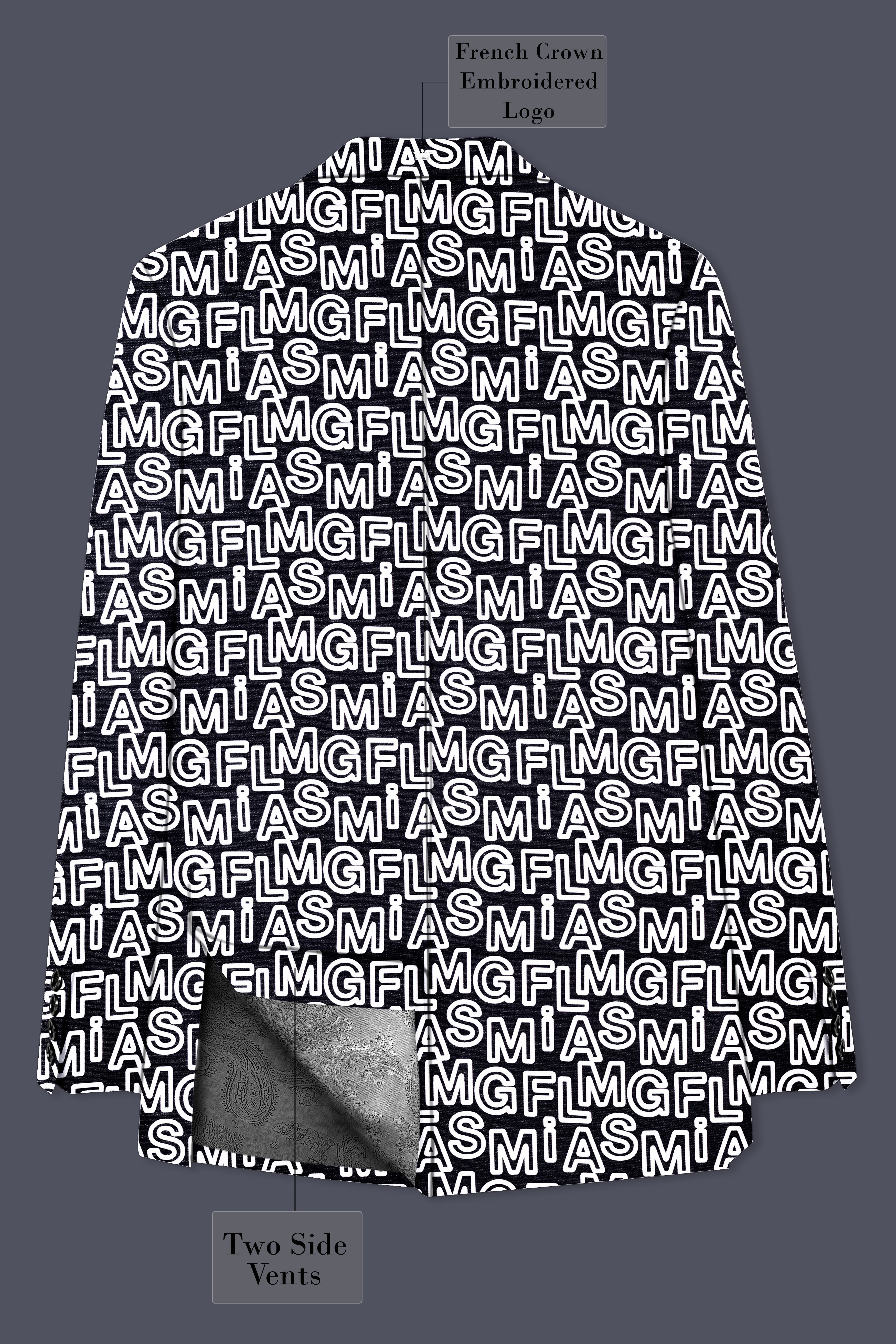 Jaguar Black And Bright White Alphabets Printed Premium Cotton Designer Single Breasted Suit