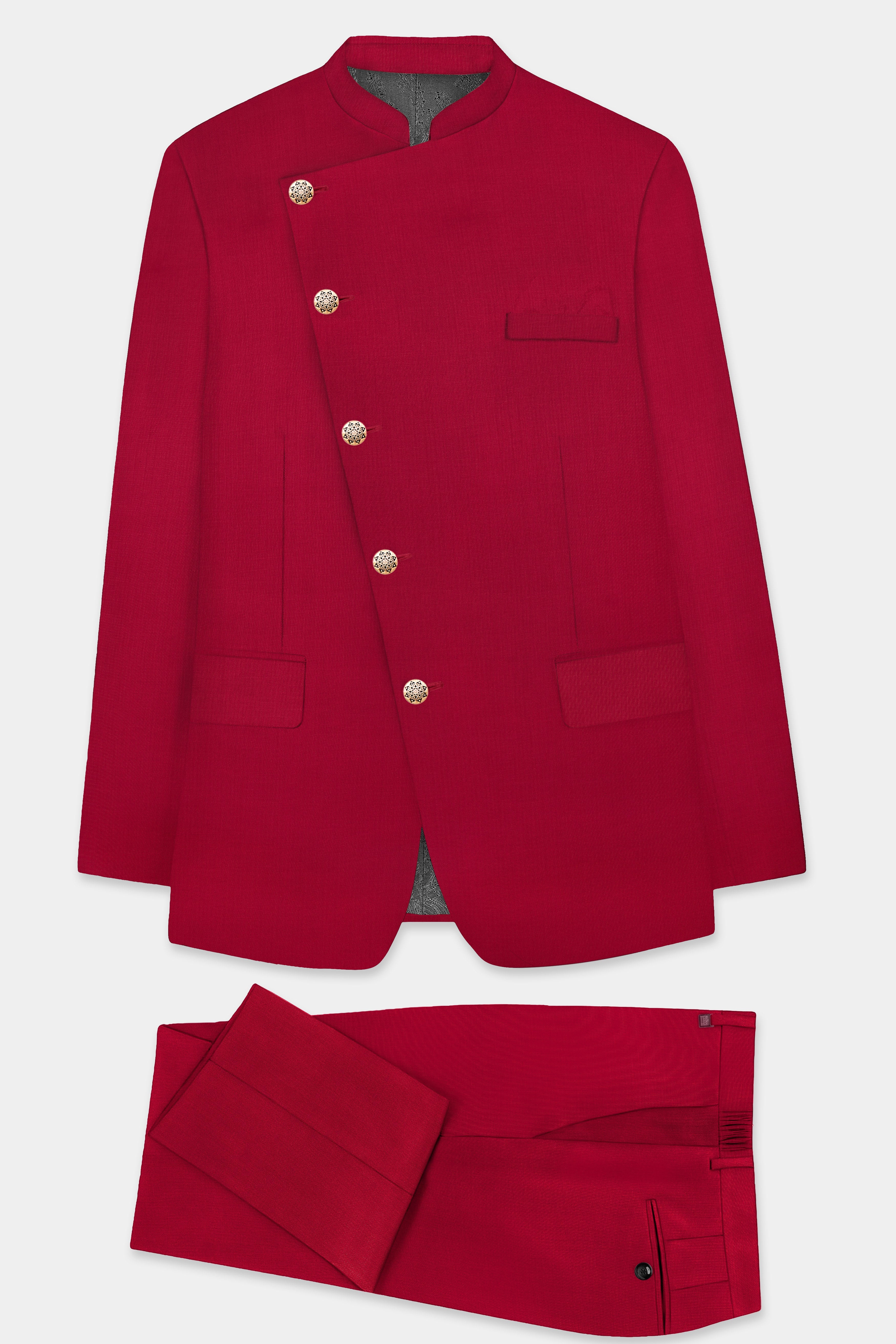 Vermilion-Chili Red Solid Wool Rich Cross Placket Bandhgala Slight Stretch Suit