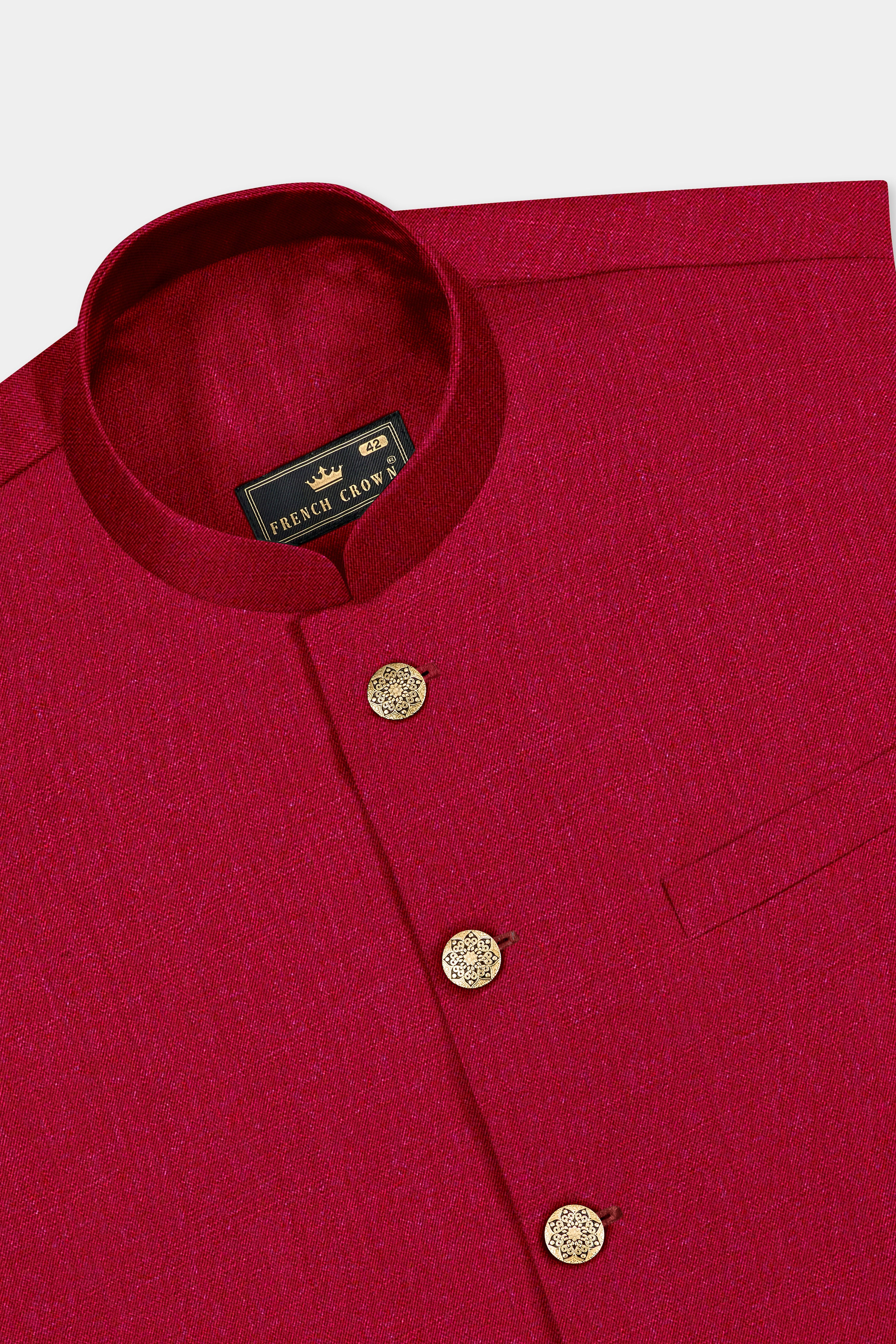 Vermilion-Chili Red Solid Wool Rich Cross Placket Bandhgala Suit