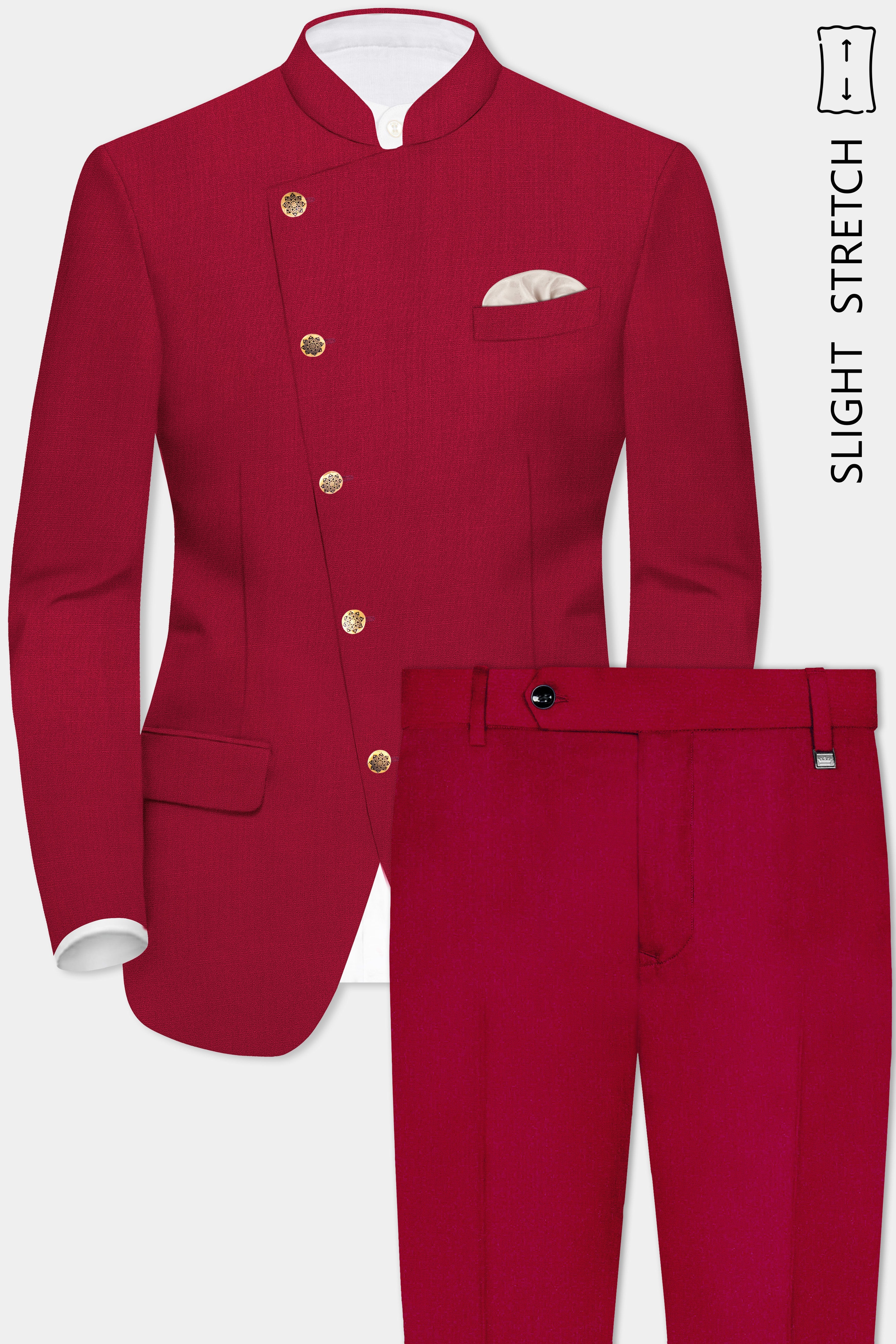 Vermilion-Chili Red Solid Wool Rich Cross Placket Bandhgala Slight Stretch Suit