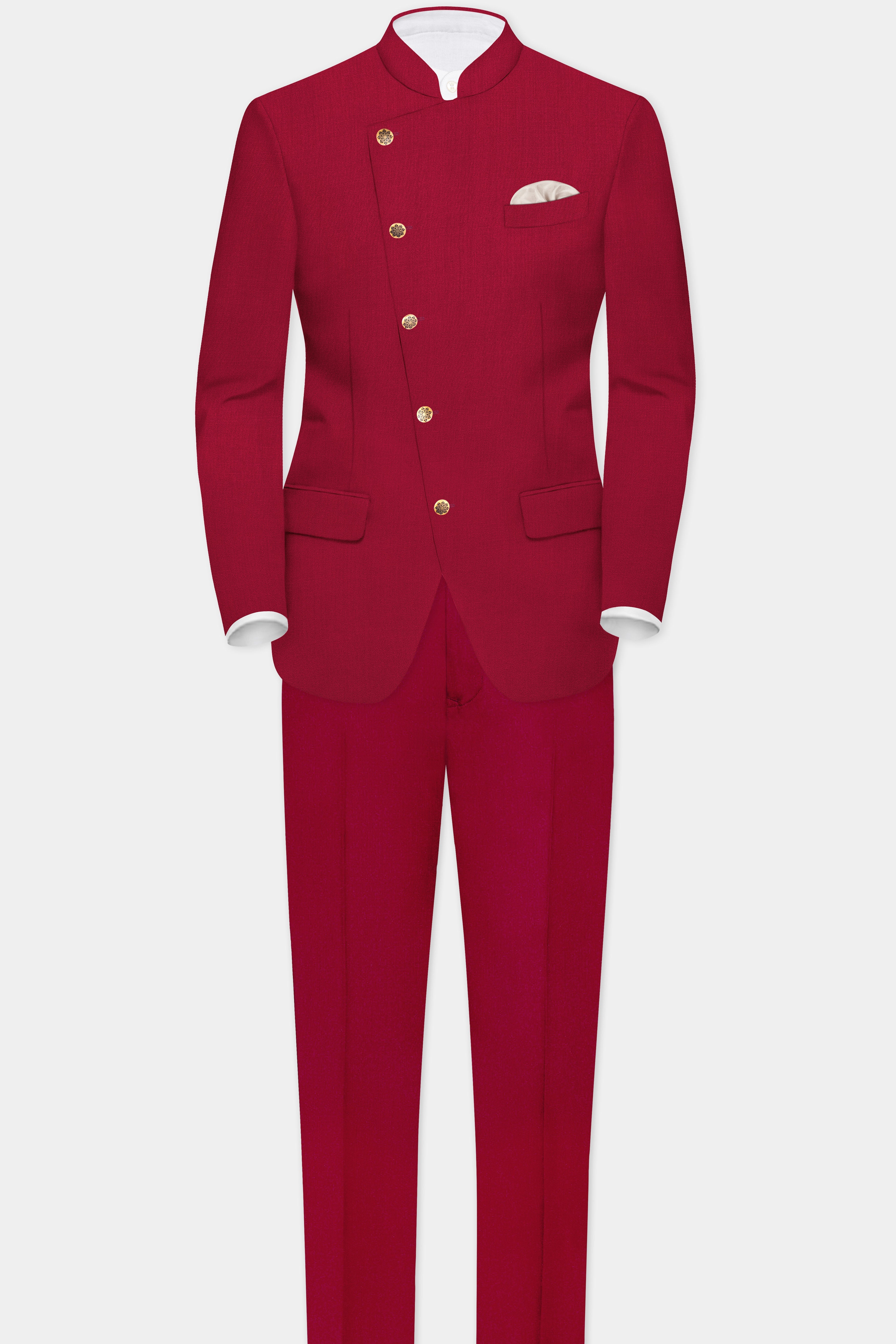 Vermilion-Chili Red Solid Wool Rich Cross Placket Bandhgala Slight Stretch Suit