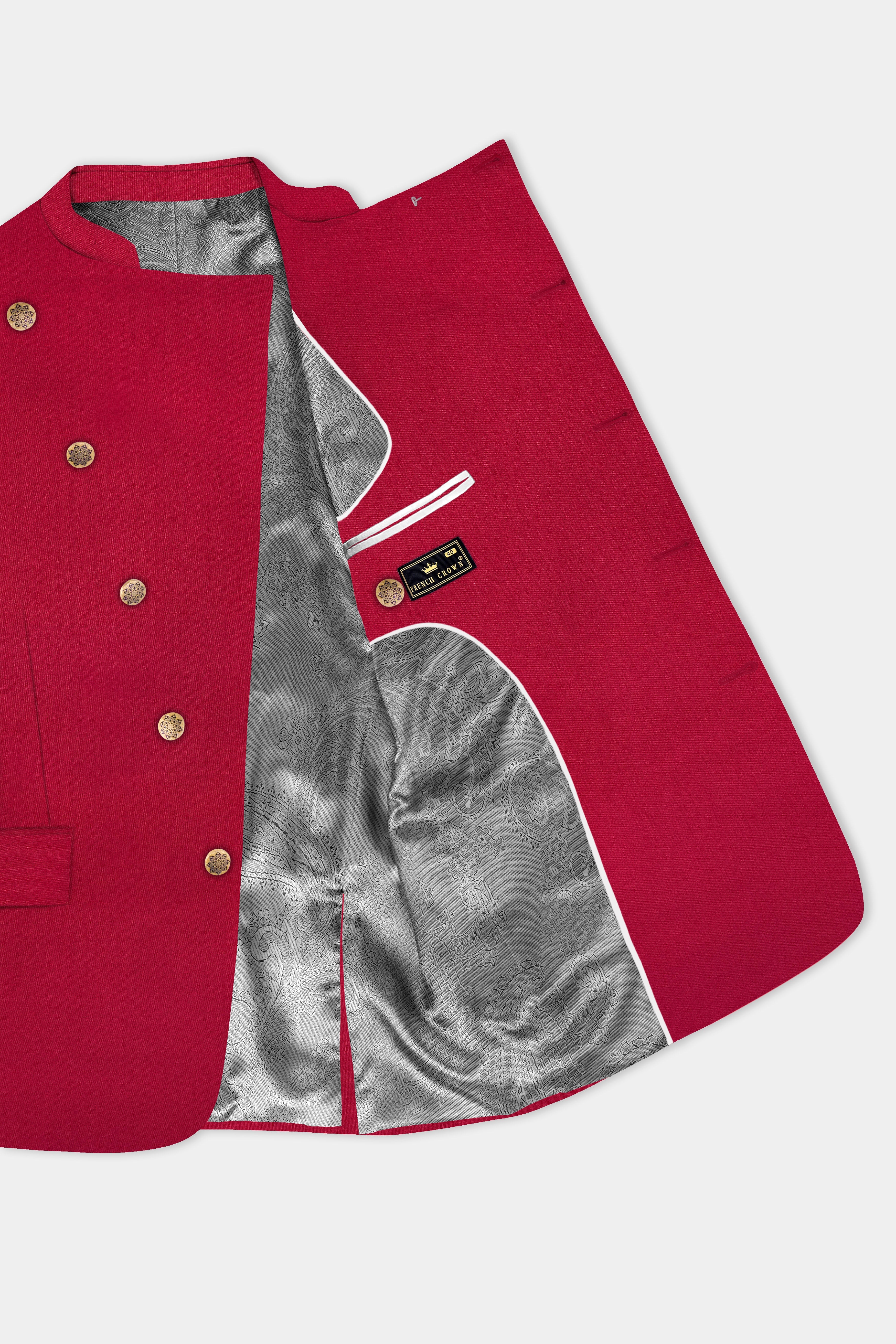 Vermilion-Chili Red Solid Wool Rich Cross Placket Bandhgala Slight Stretch Suit