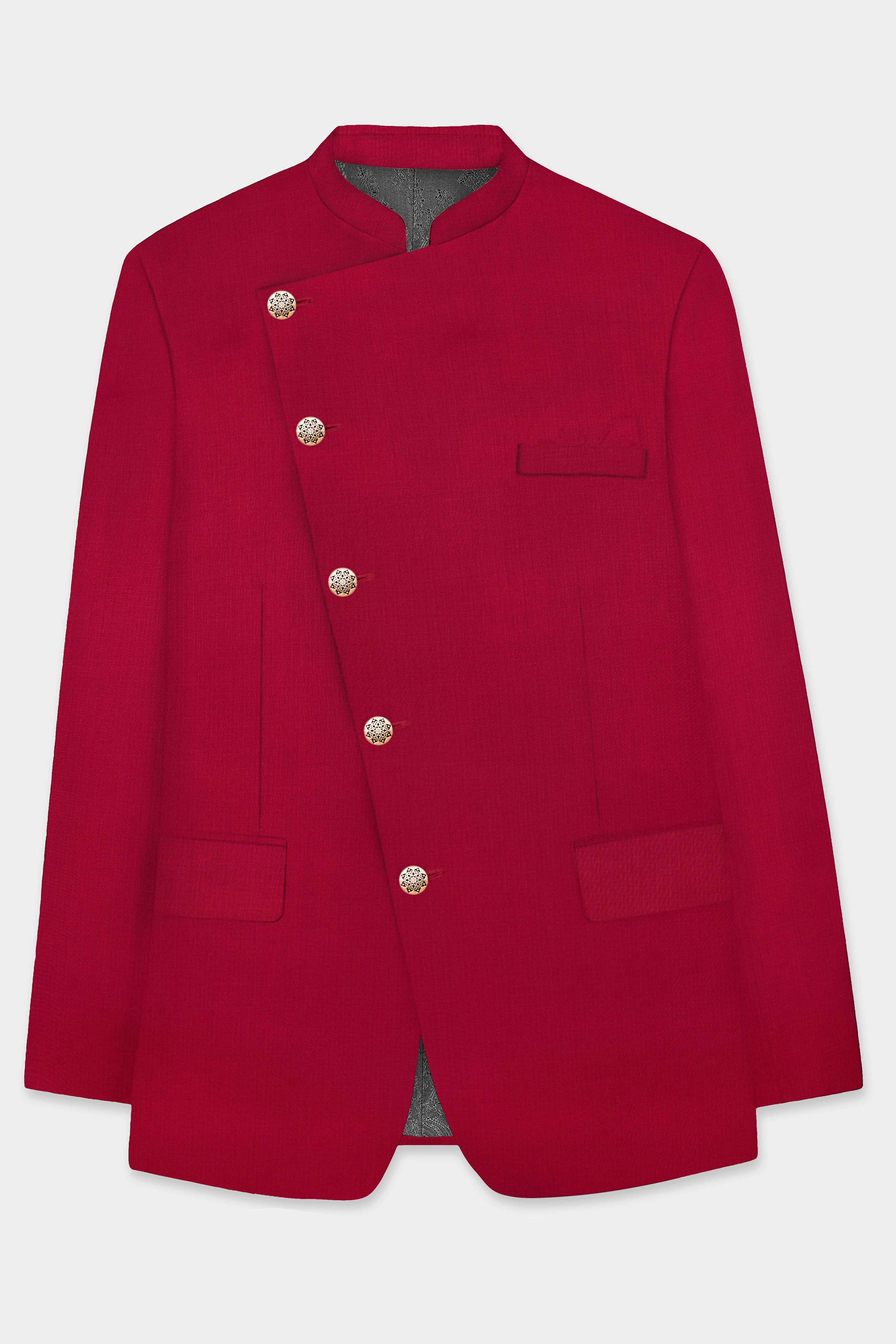 Vermilion-Chili Red Solid Wool Rich Cross Placket Bandhgala Slight Stretch Suit