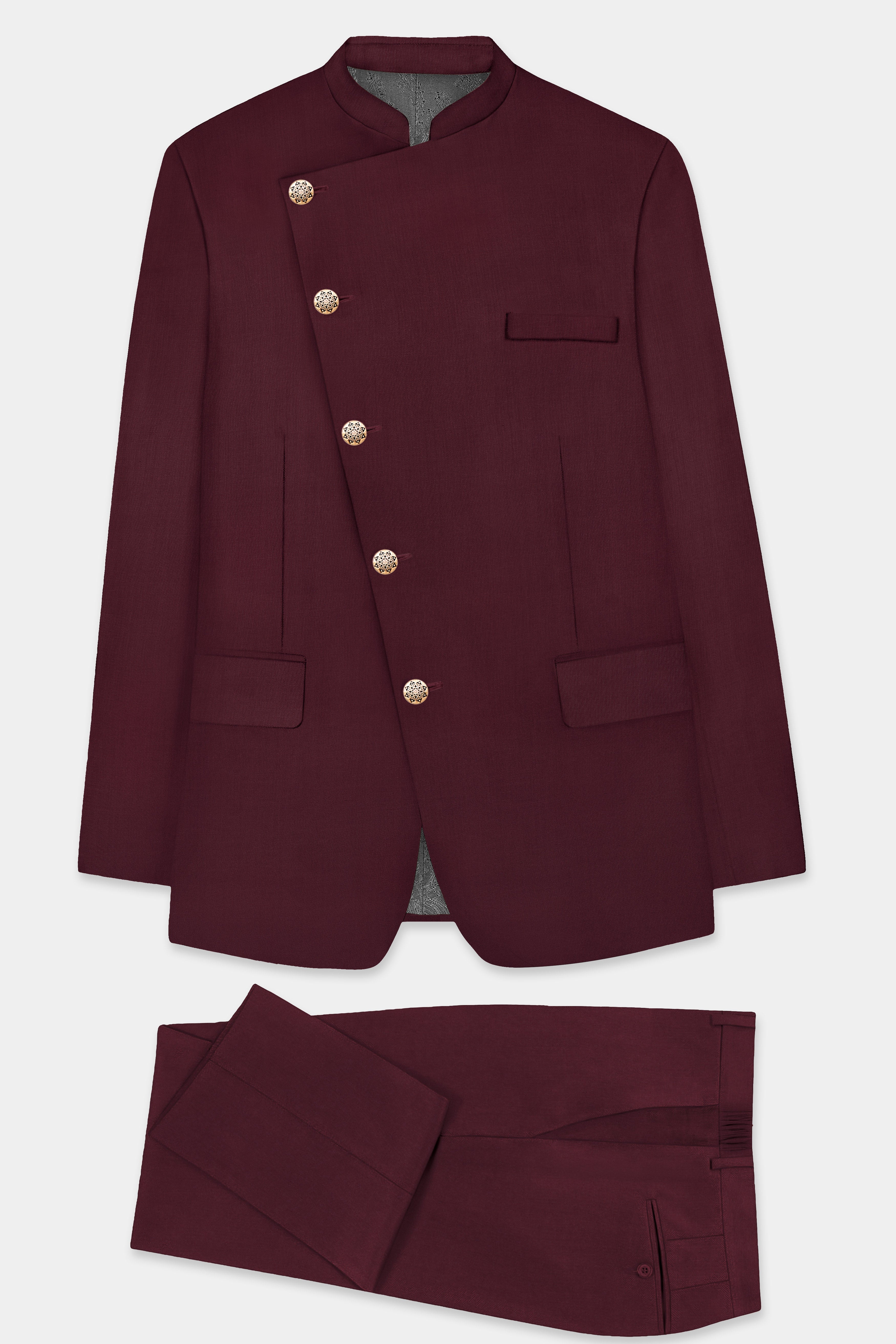 Merlot-Wine Berry Solid Wool Rich Cross Placket Bandhgala Slight Stretch Suit