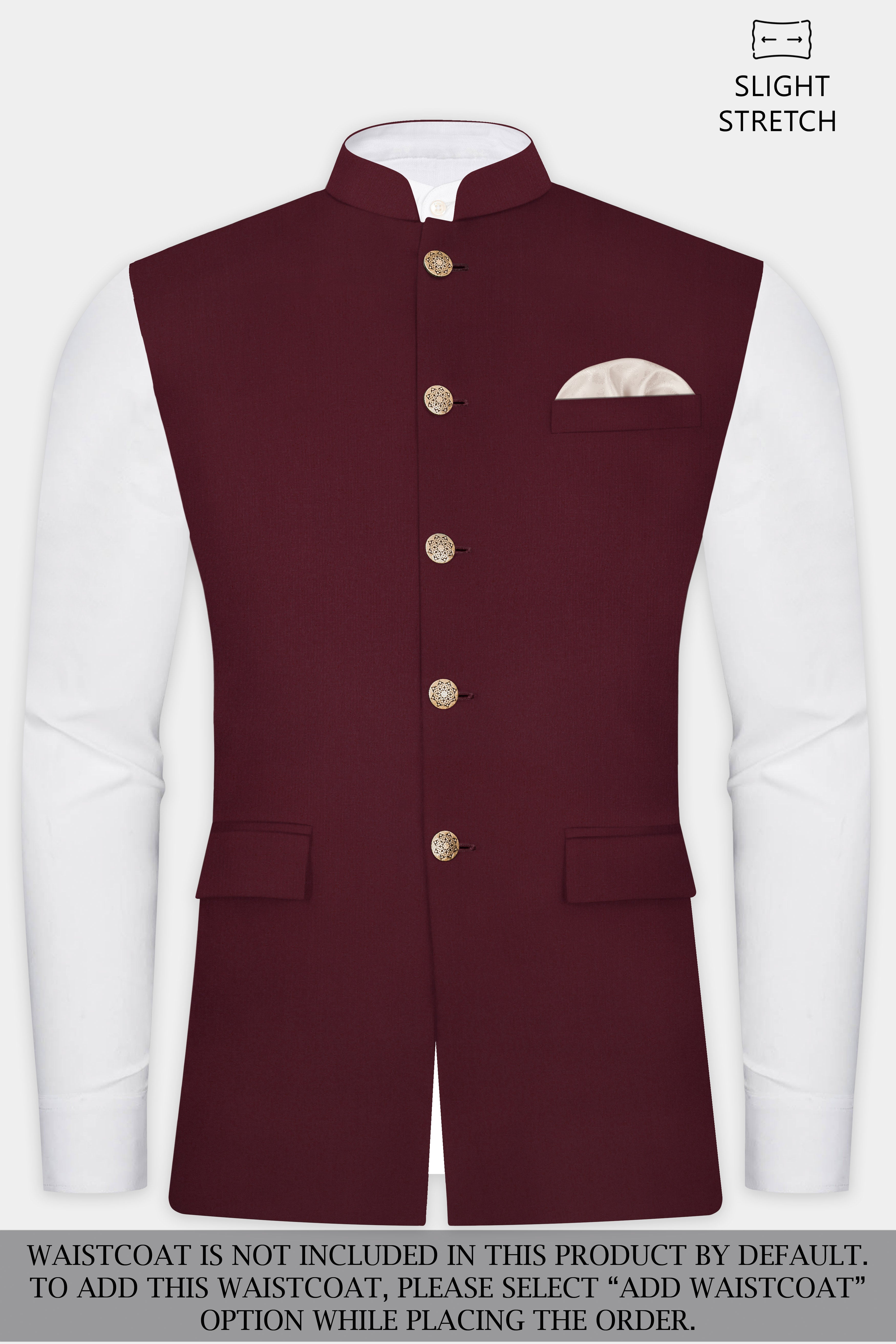 Merlot-Wine Berry Solid Wool Rich Cross Placket Bandhgala Slight Stretch Suit