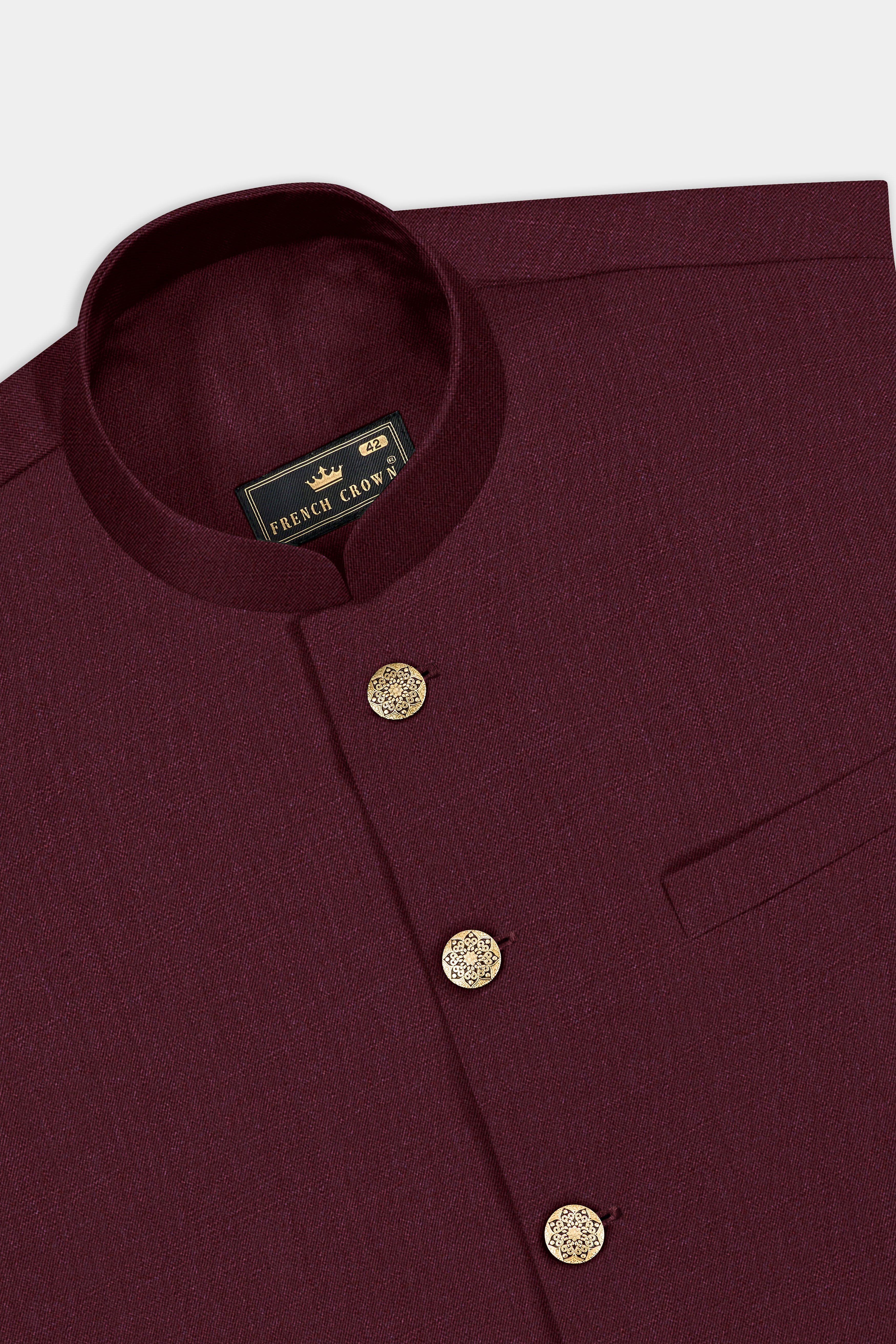 Merlot-Wine Berry Solid Wool Rich Cross Placket Bandhgala Slight Stretch Suit