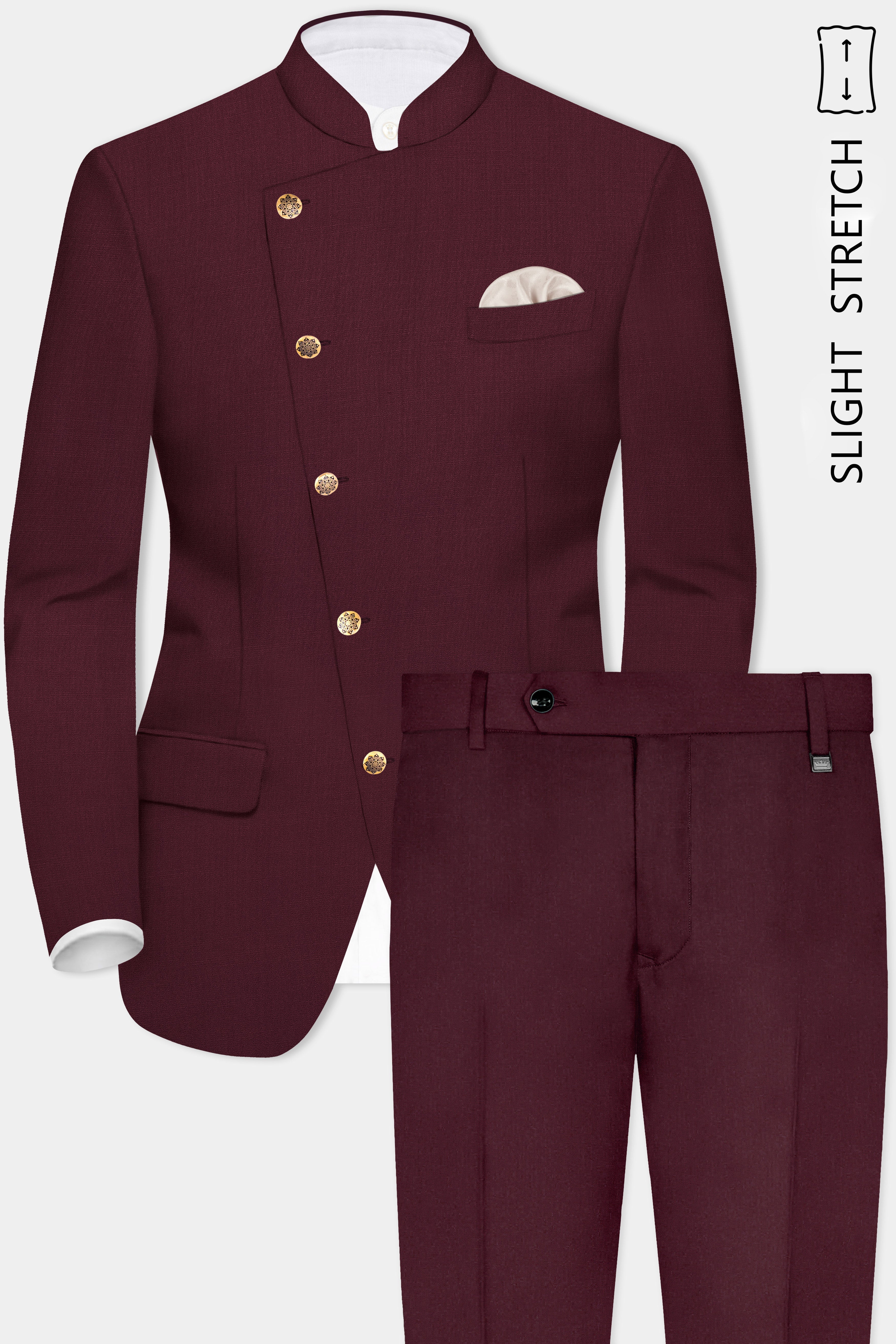 Merlot-Wine Berry Solid Wool Rich Cross Placket Bandhgala Slight Stretch Suit