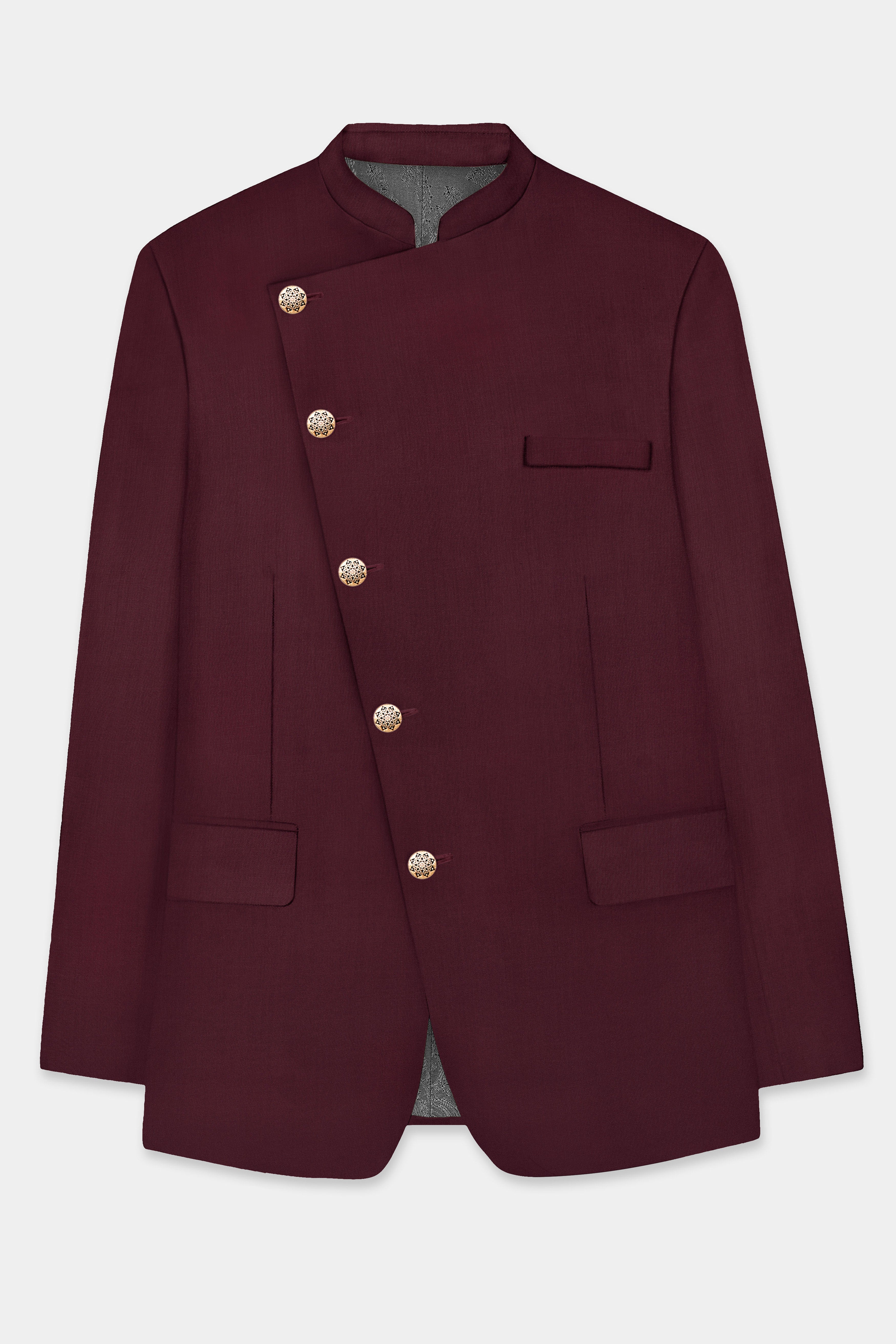 Merlot-Wine Berry Solid Wool Rich Cross Placket Bandhgala Slight Stretch Suit