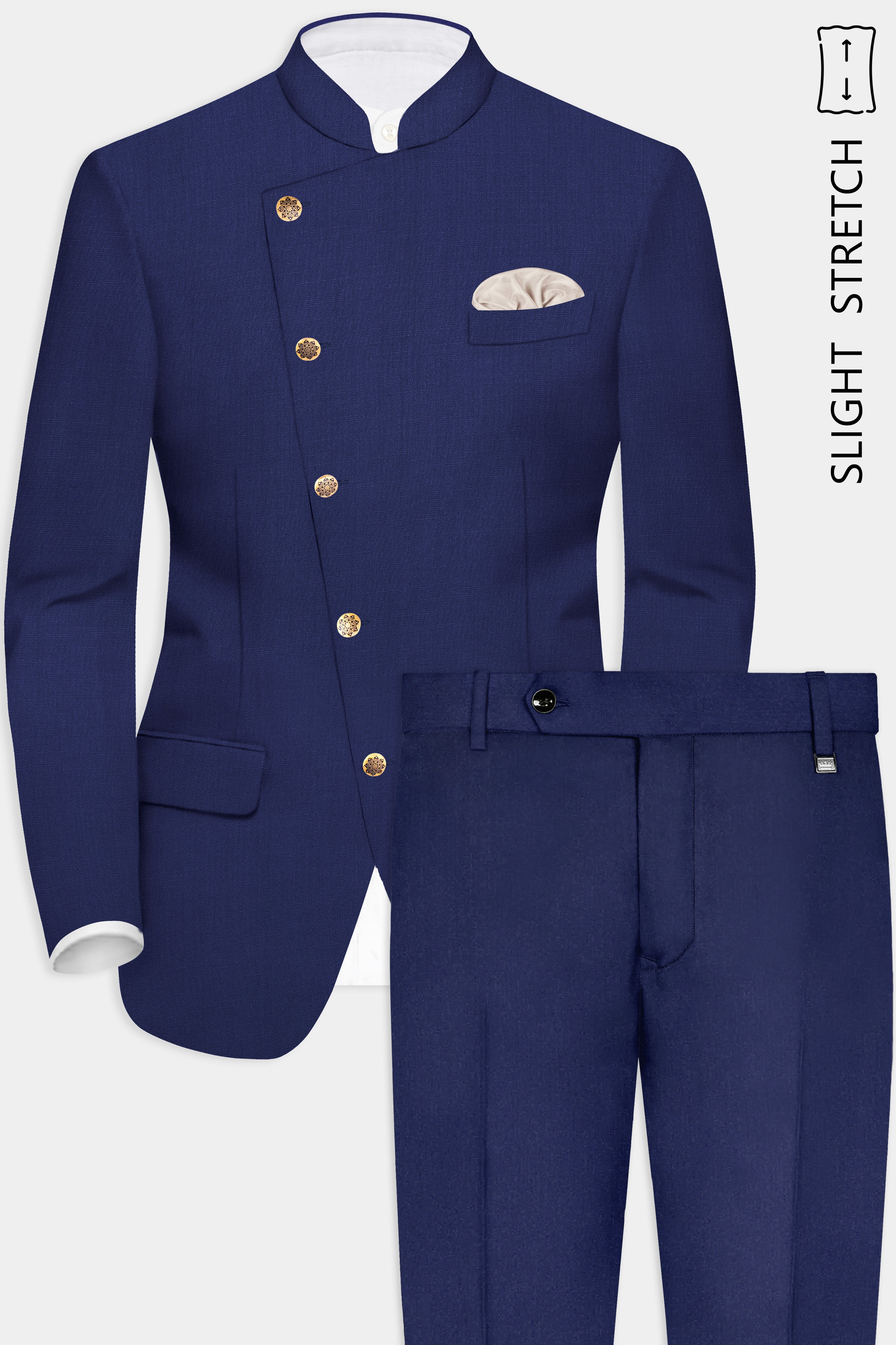 Celestia-Blue Solid Wool Rich Cross Placket Bandhgala Slight Stretch Suit
