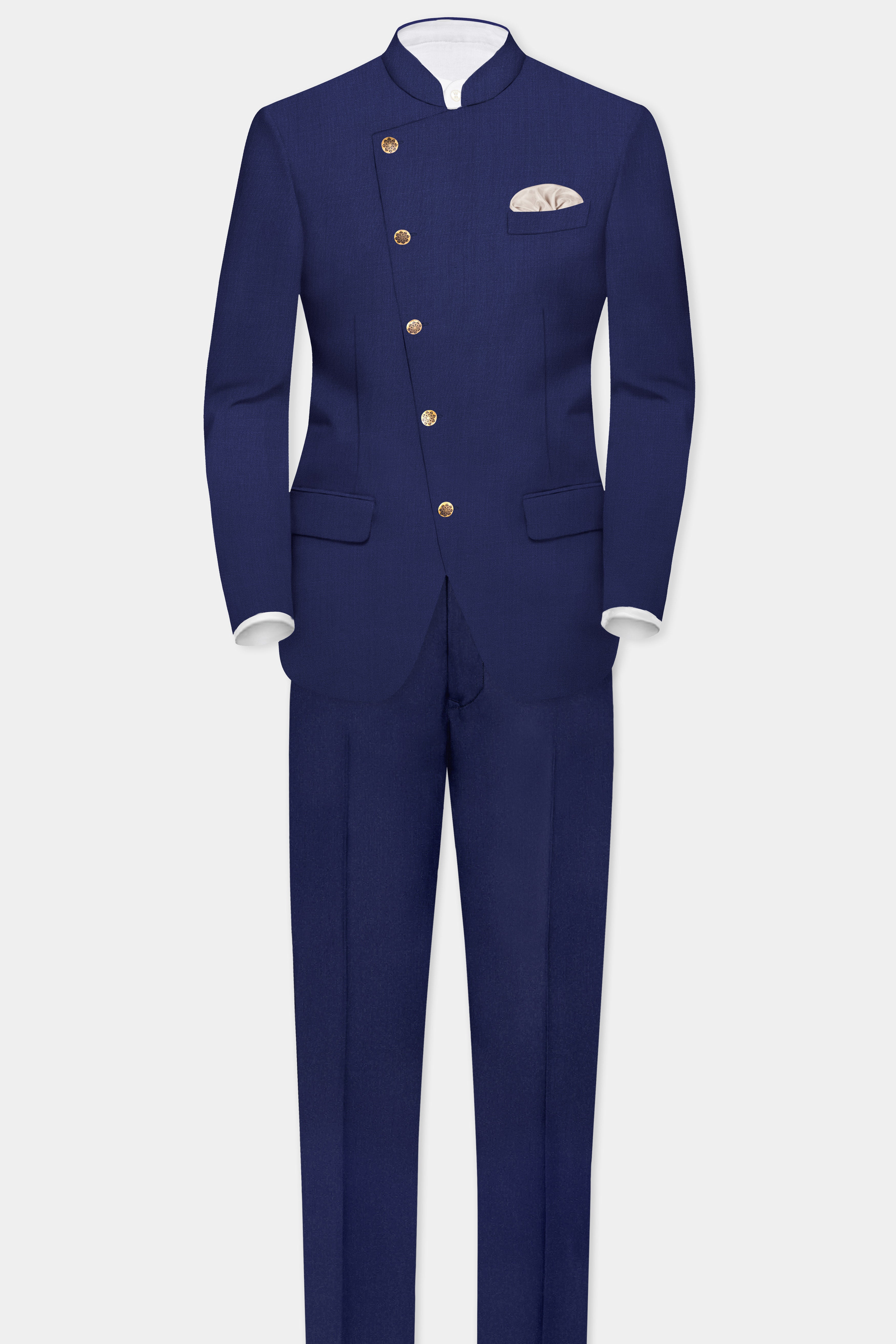 Celestia-Zodiac Blue Solid Wool Rich Cross Placket Bandhgala Suit