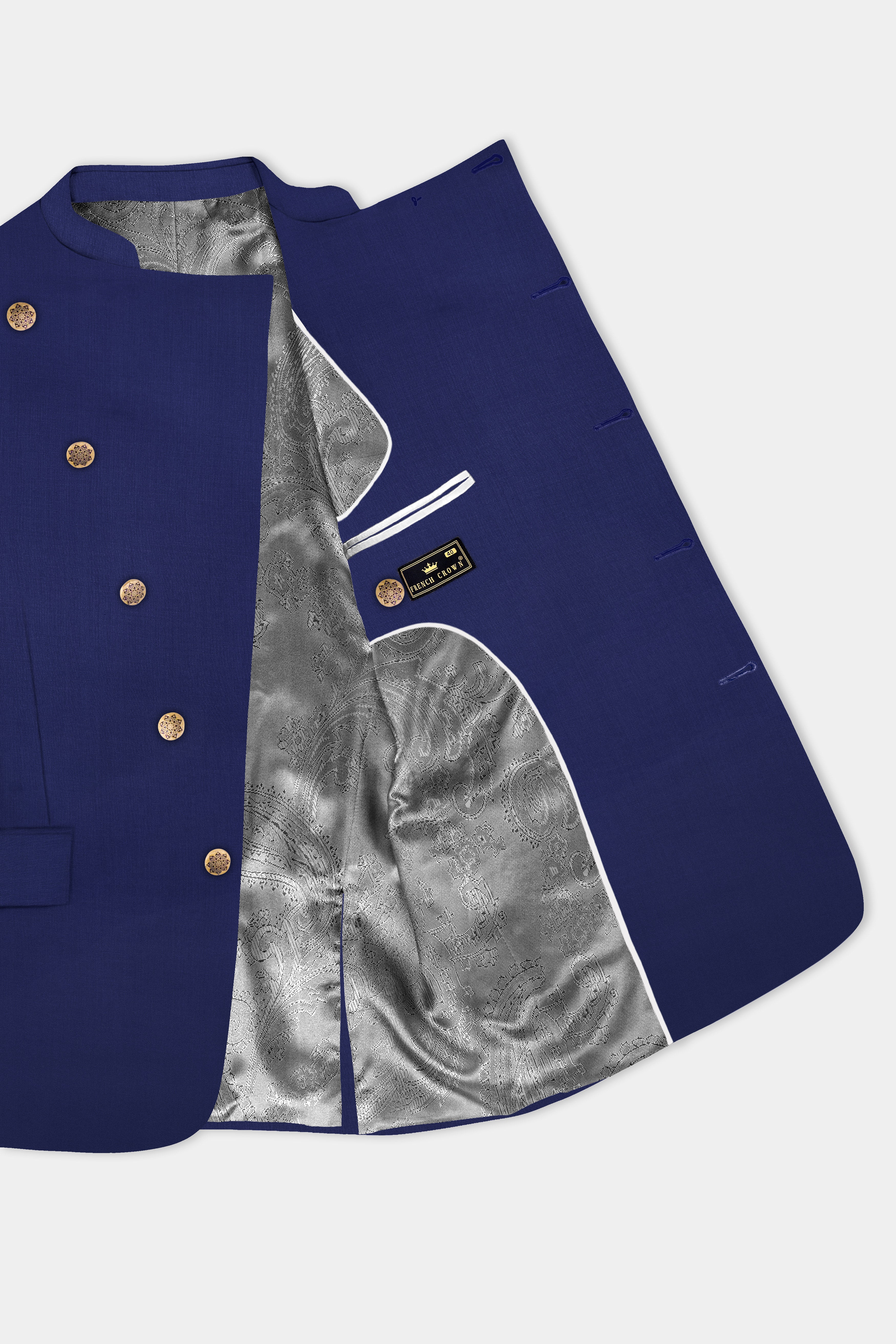 Celestia-Blue Solid Wool Rich Cross Placket Bandhgala Slight Stretch Suit