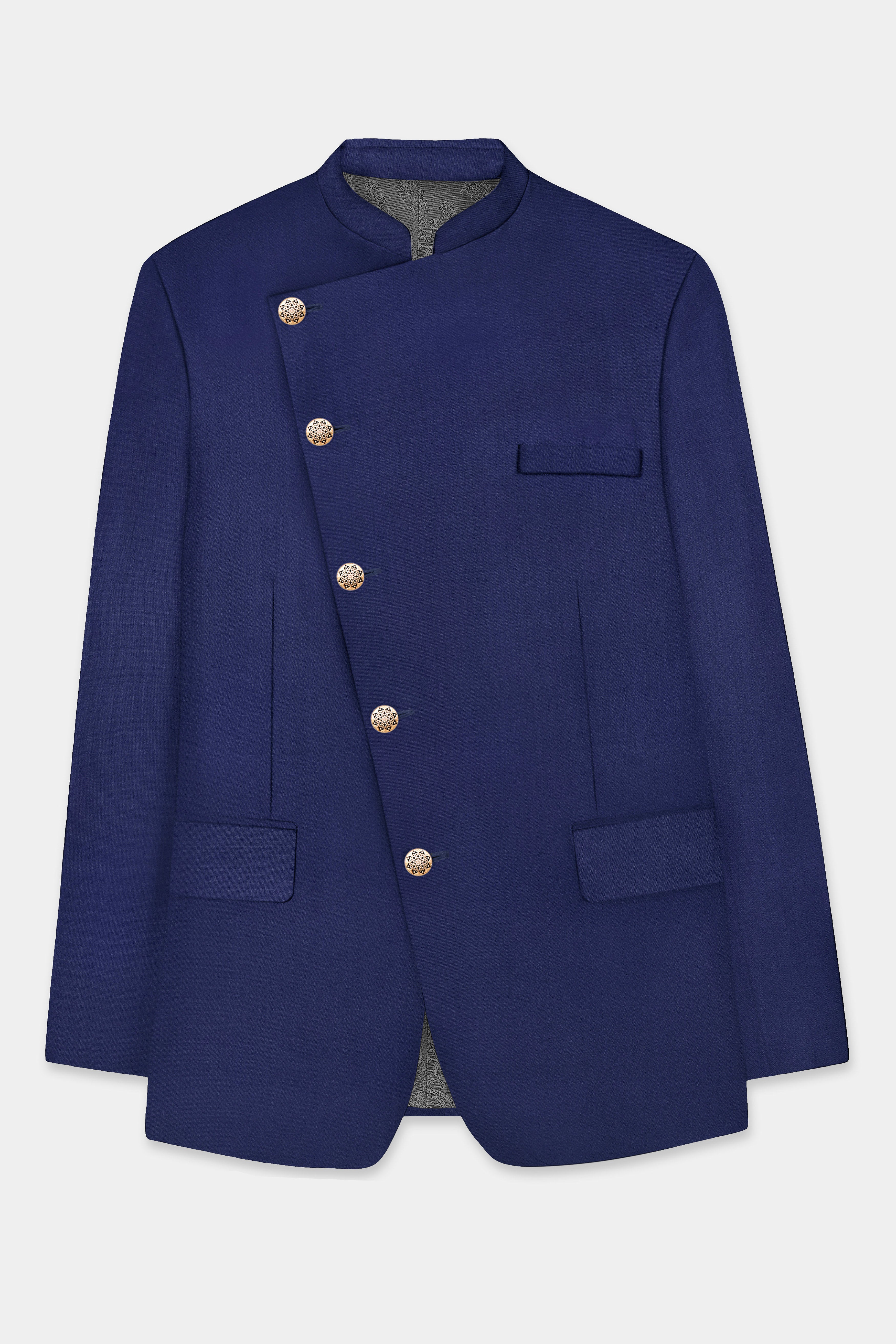 Celestia-Blue Solid Wool Rich Cross Placket Bandhgala Slight Stretch Suit