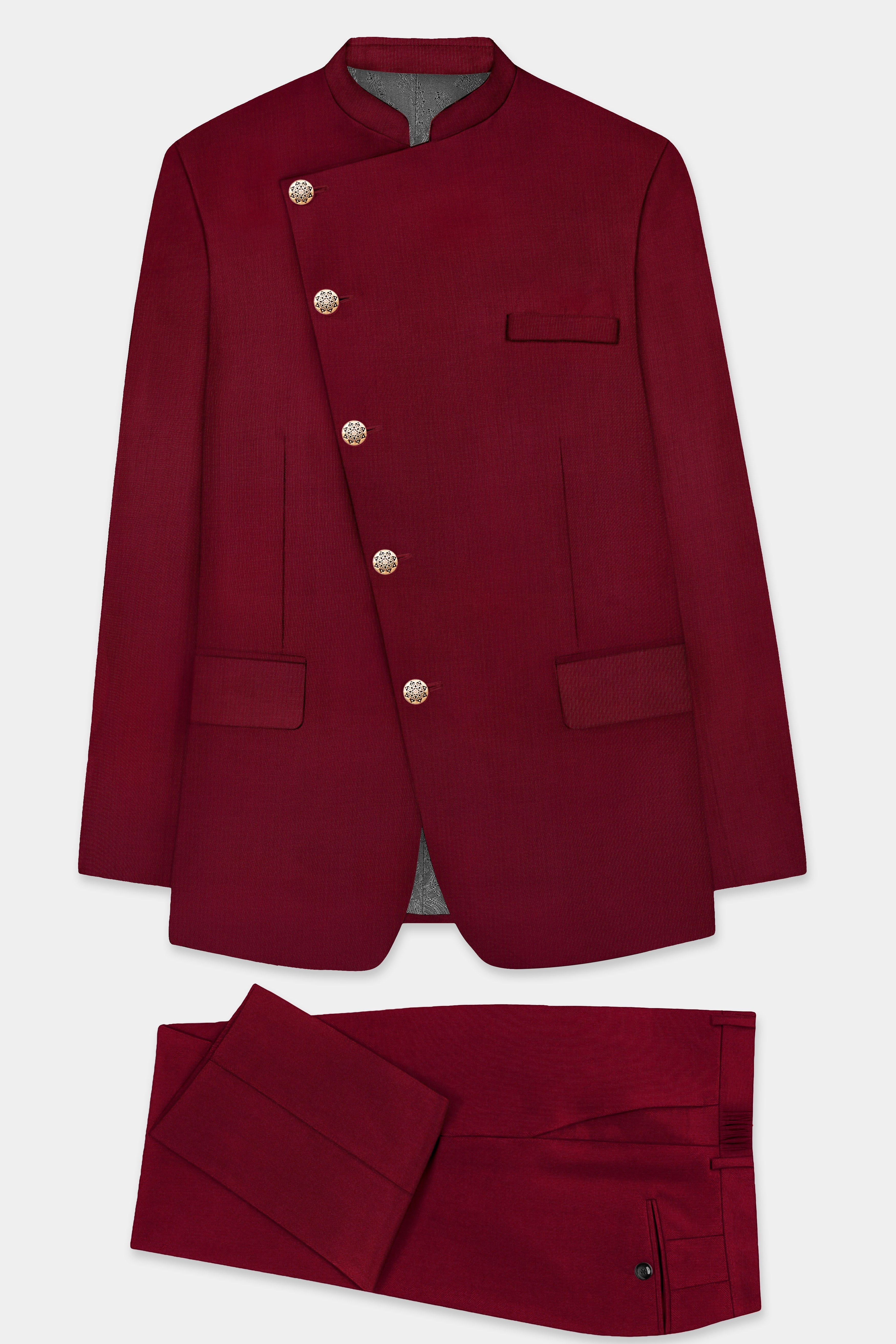 CrimsonAce-Cherry Red Solid Wool Rich Cross Placket Bandhgala Slight Stretch Suit