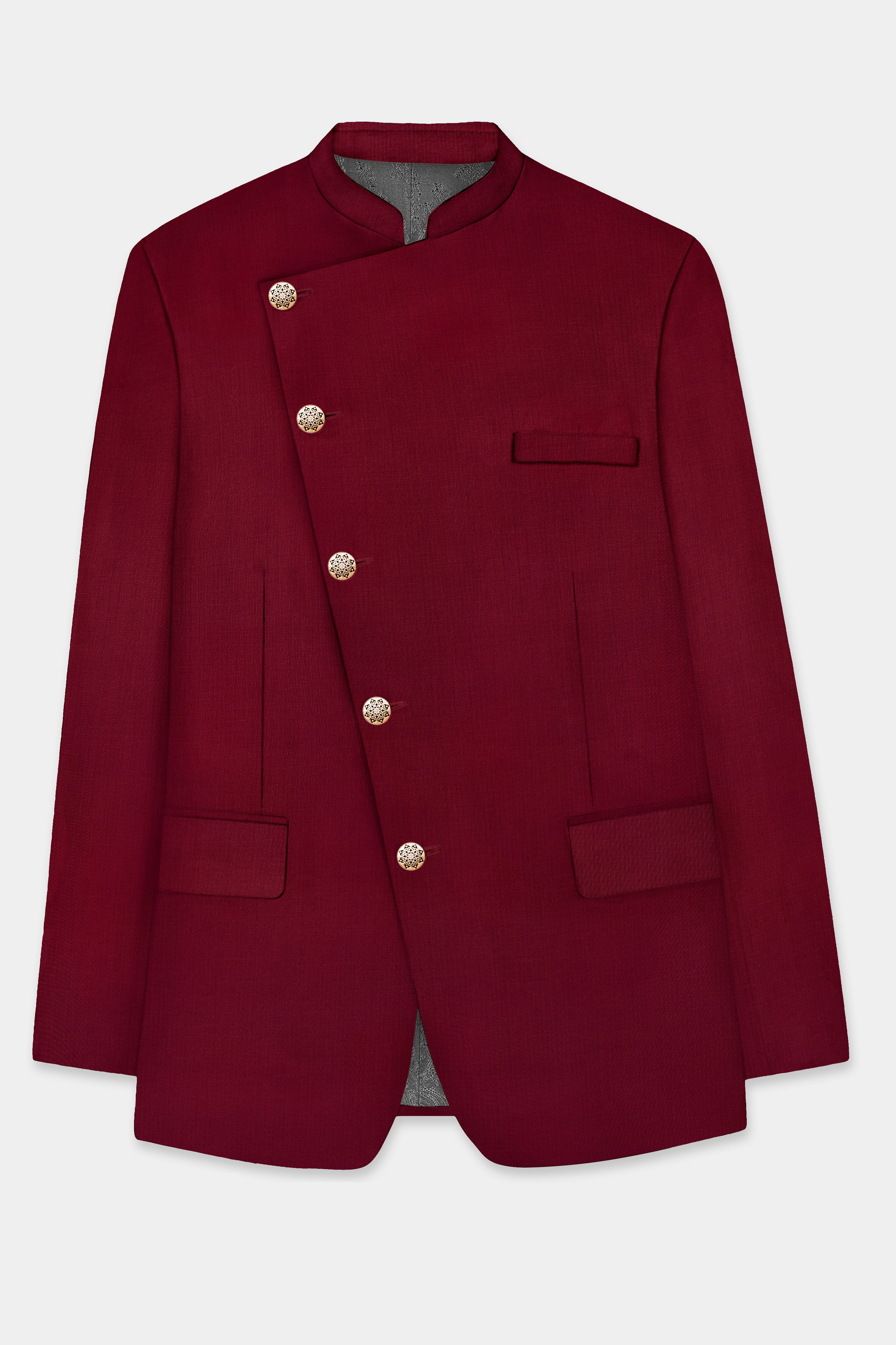 CrimsonAce-Cherry Red Solid Wool Rich Cross Placket Bandhgala Slight Stretch Suit