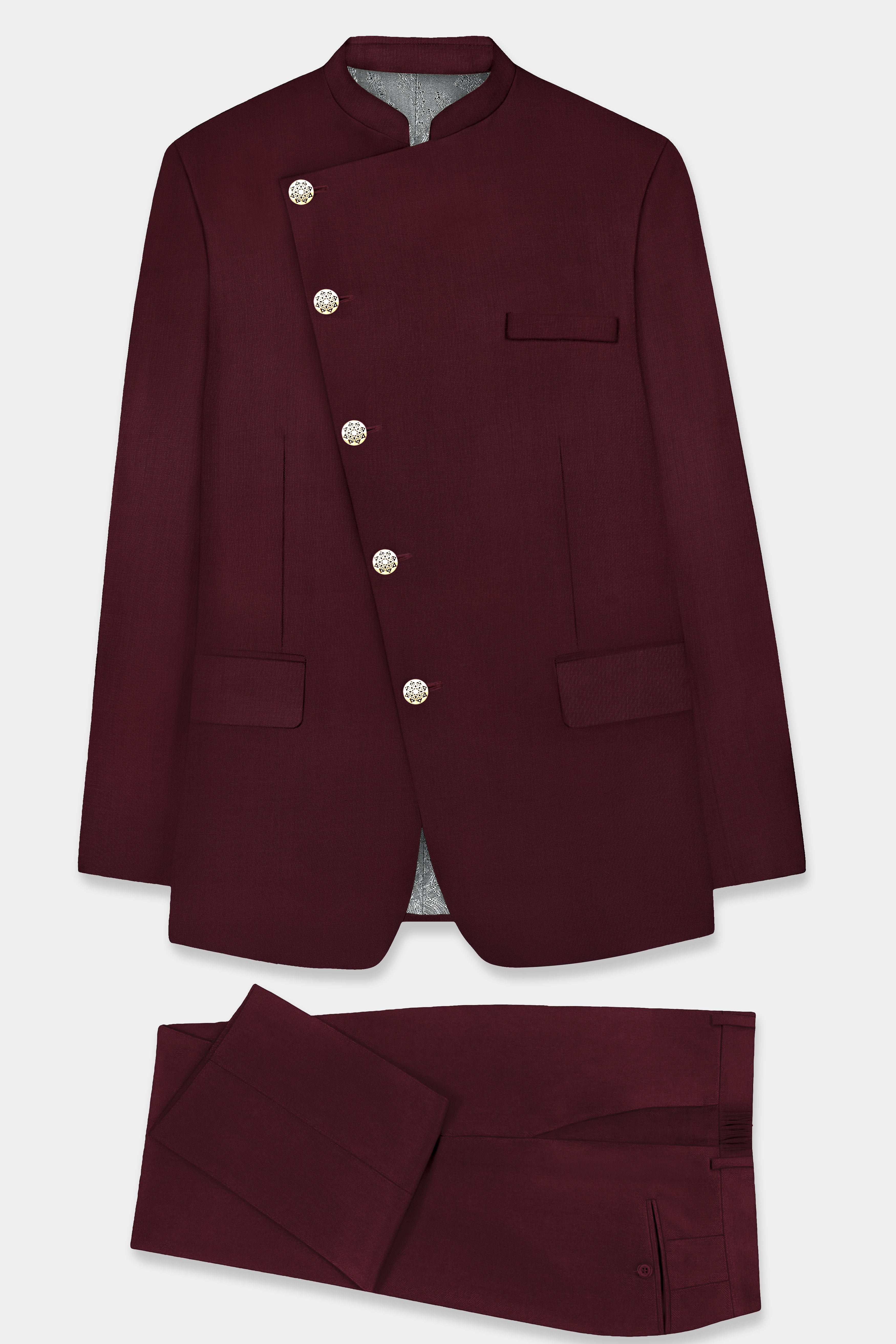 SepiaElite-Tamarind Brown Solid Wool Rich Cross Placket Bandhgala Slight Stretch Suit