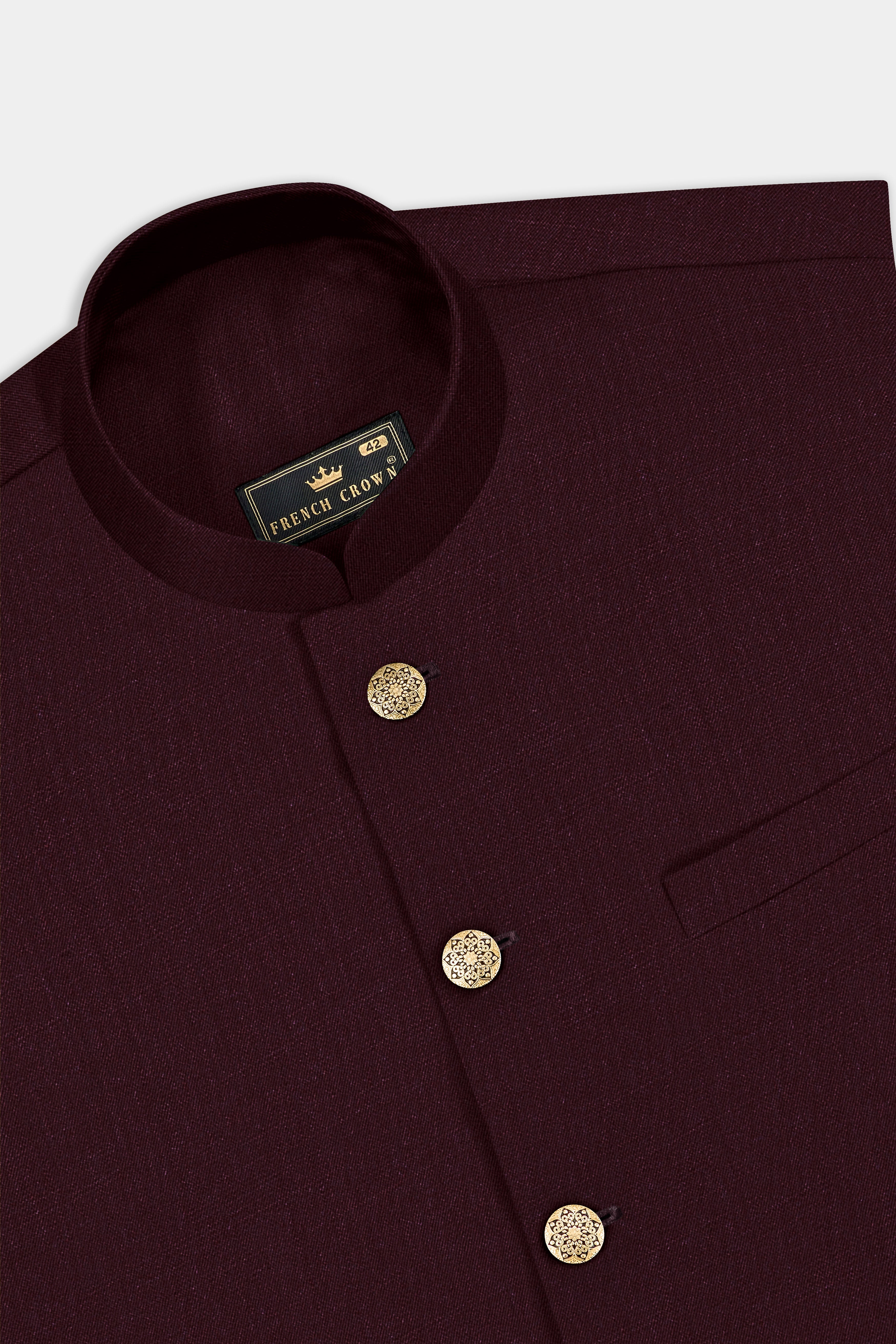 SepiaElite-Tamarind Brown Solid Wool Rich Cross Placket Bandhgala Slight Stretch Suit