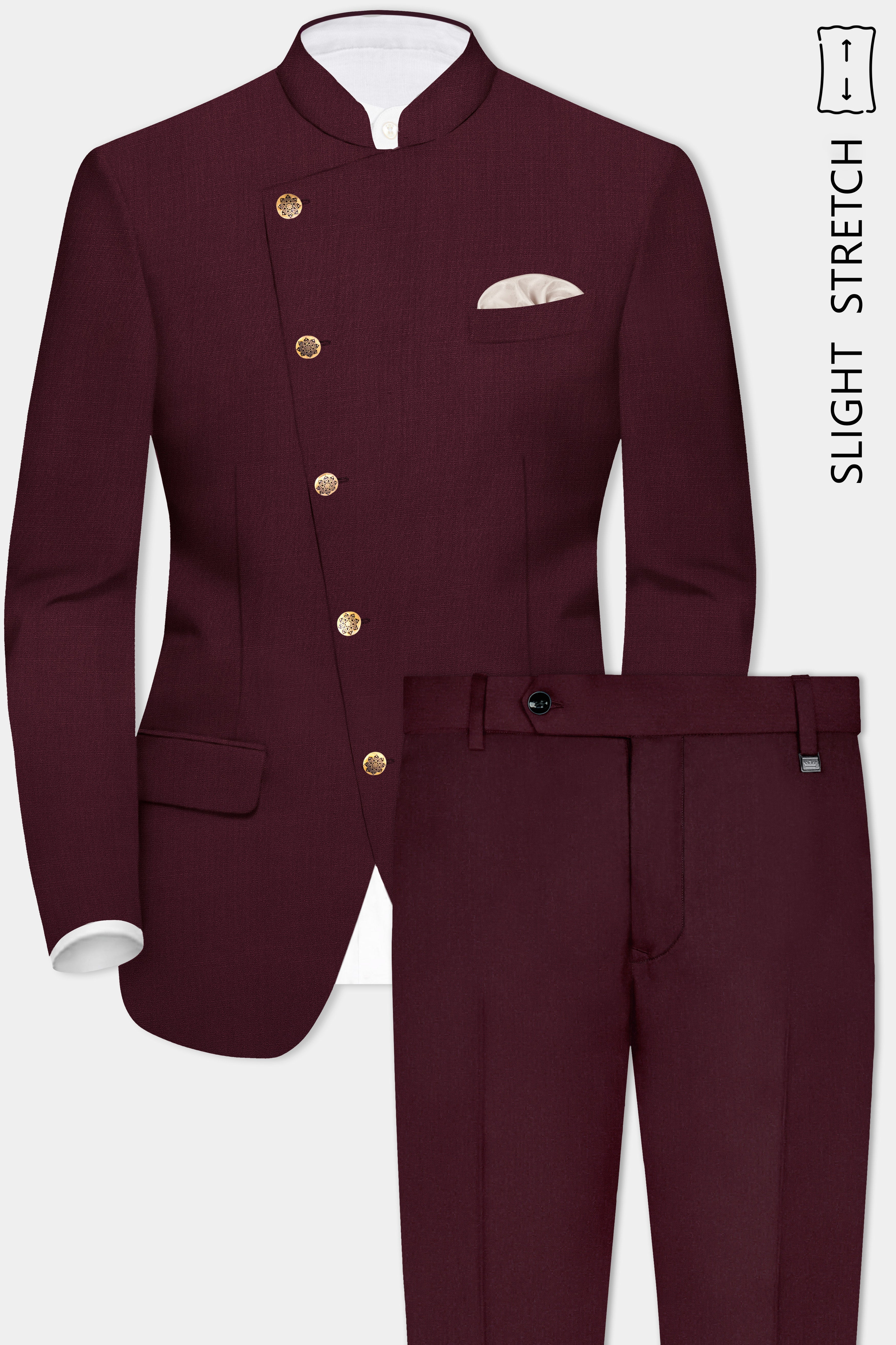 SepiaElite-Tamarind Brown Solid Wool Rich Cross Placket Bandhgala Slight Stretch Suit