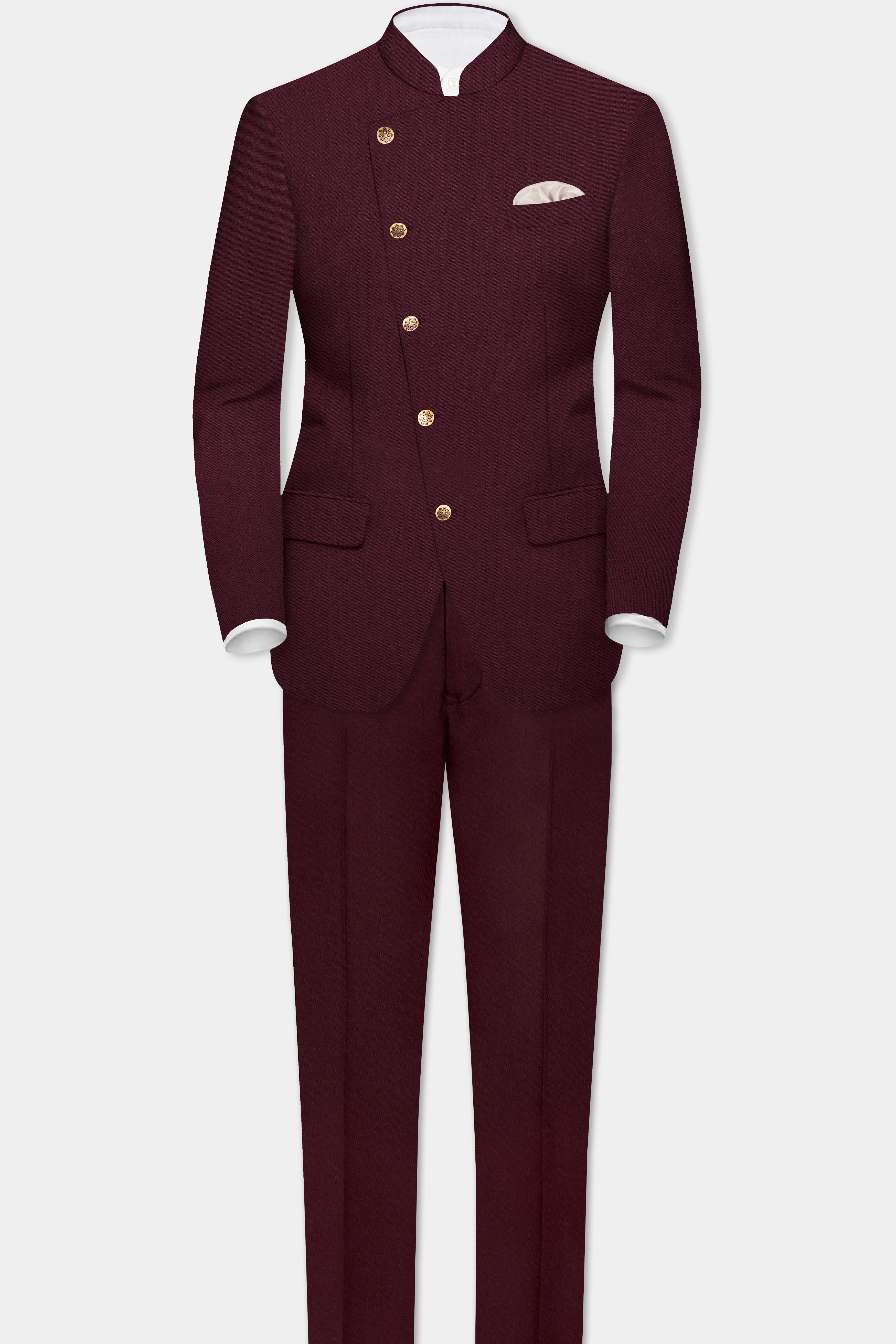 SepiaElite-Tamarind Brown Solid Wool Rich Cross Placket Bandhgala Slight Stretch Suit