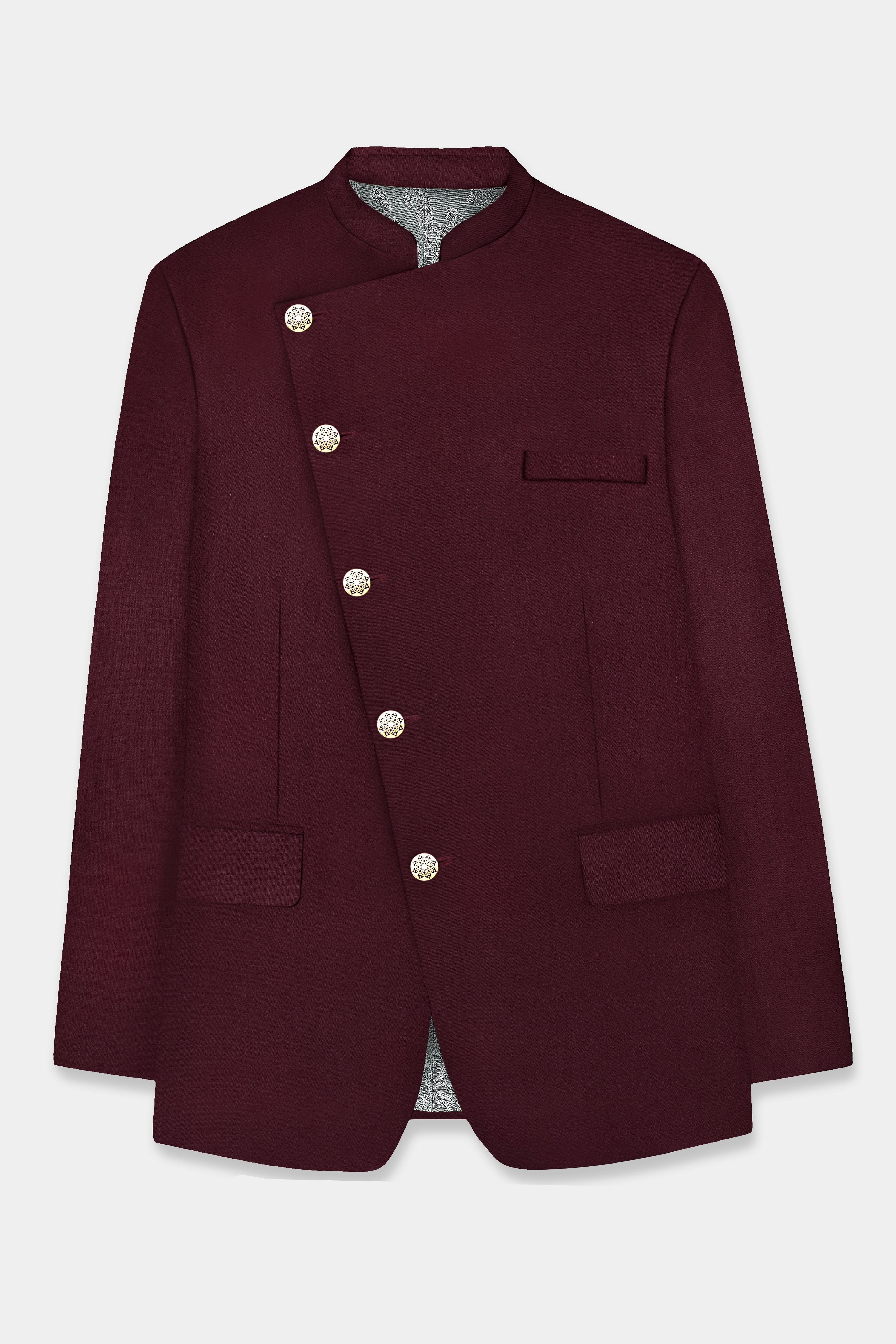 SepiaElite-Tamarind Brown Solid Wool Rich Cross Placket Bandhgala Slight Stretch Suit