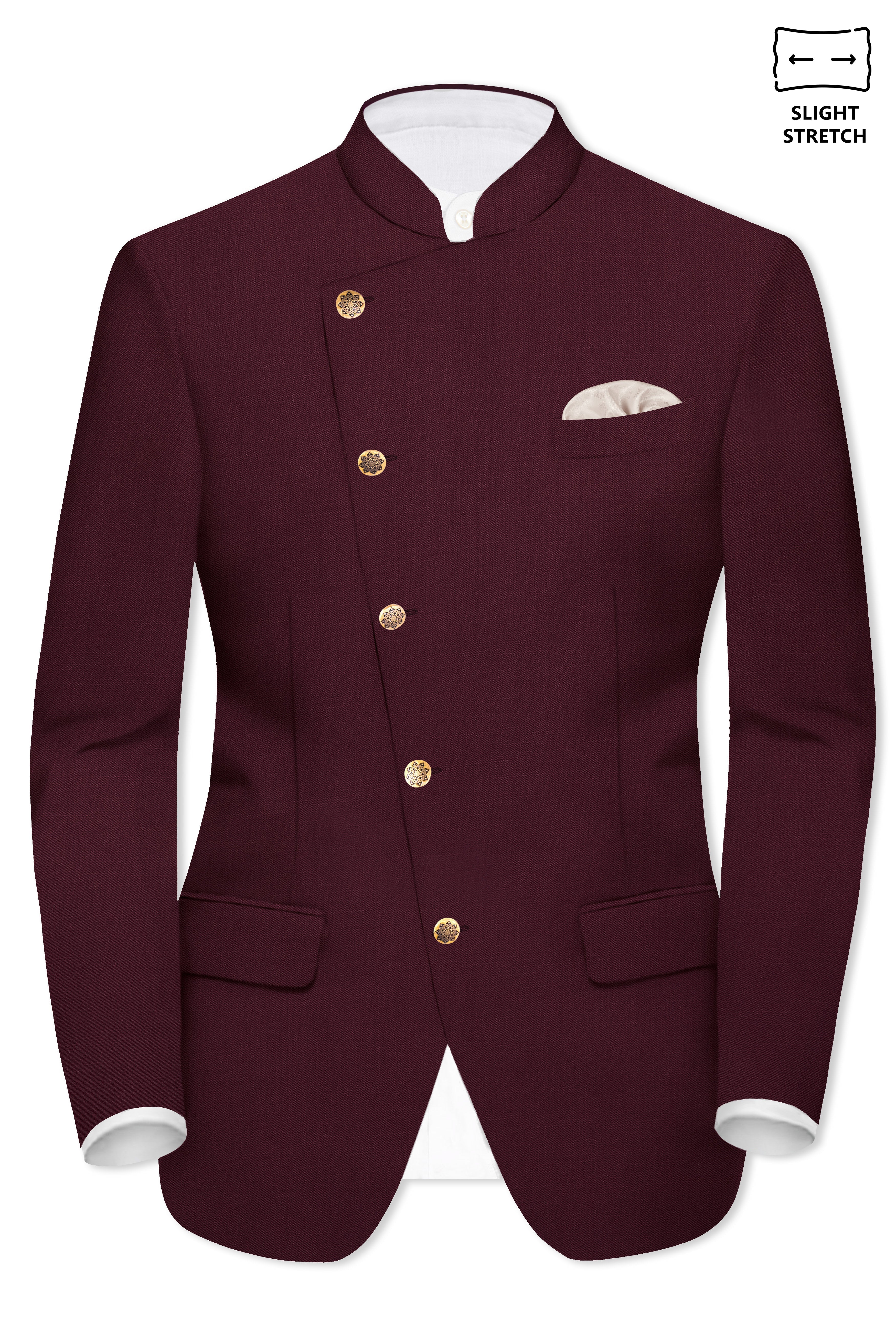 SepiaElite-Tamarind Brown Solid Wool Rich Cross Placket Bandhgala Slight Stretch Suit