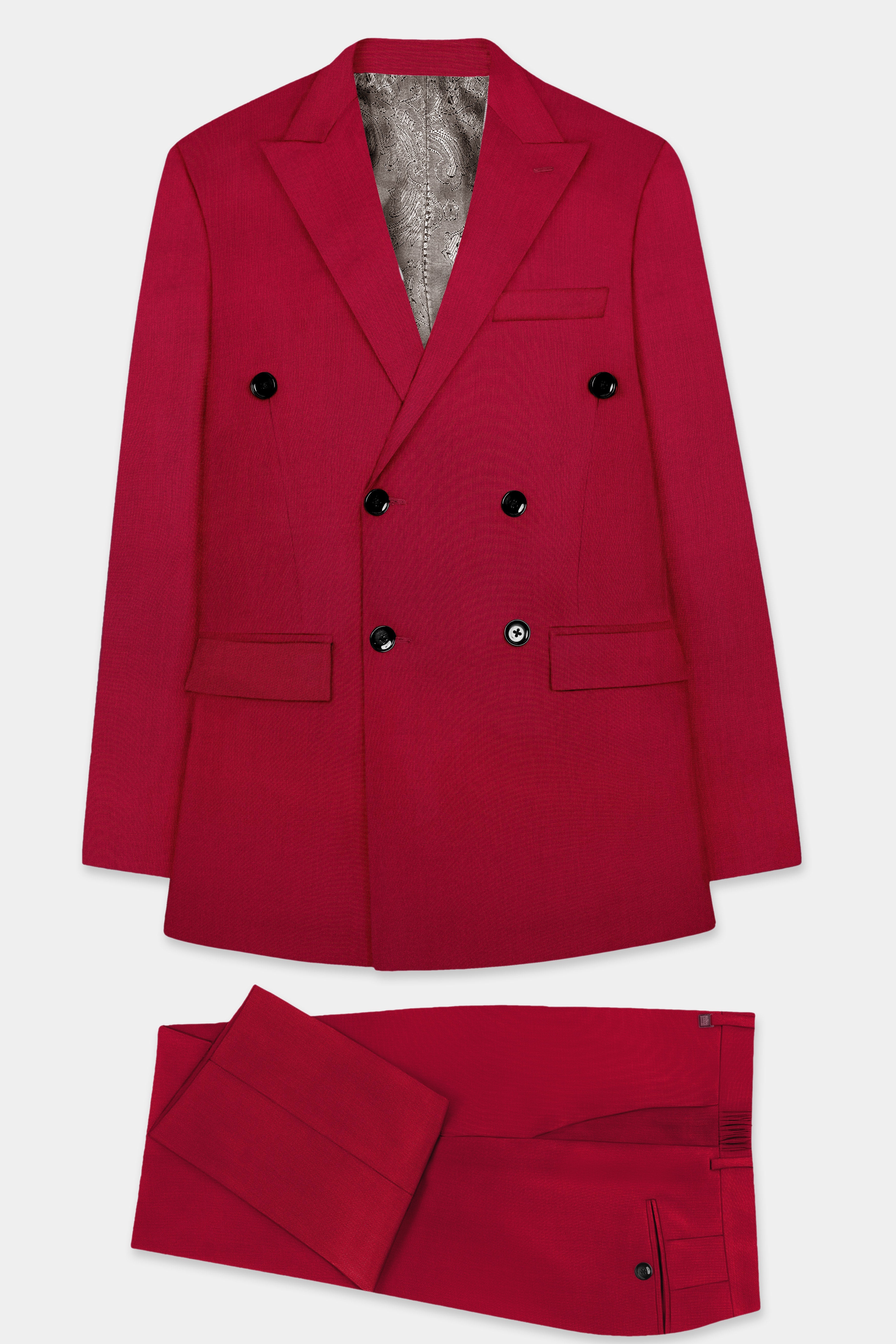 Vermilion-Chili Red Solid Wool Rich Double Breasted Suit