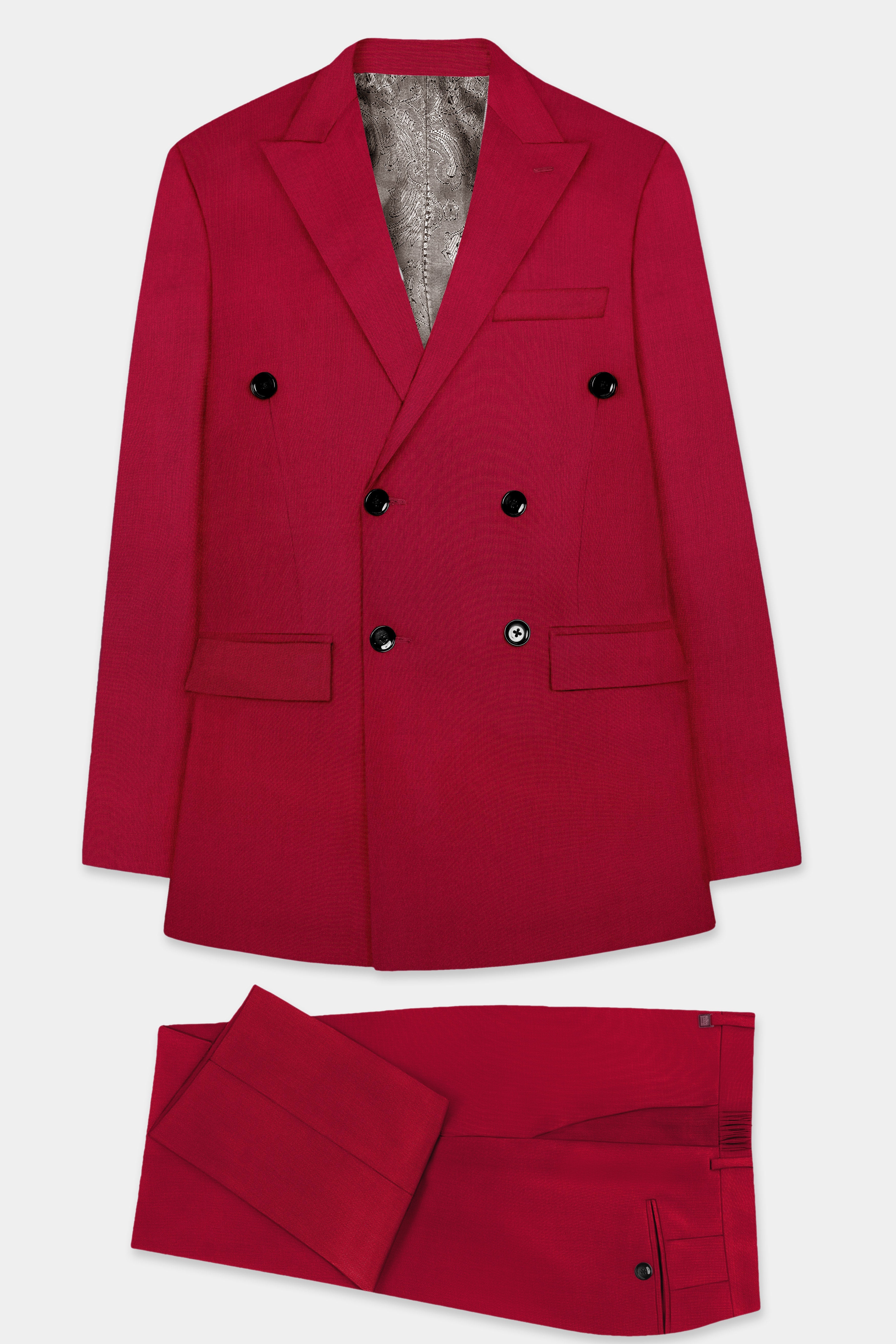 Vermilion-Chili Red Solid Wool Rich Double Breasted Slight Stretch Suit
