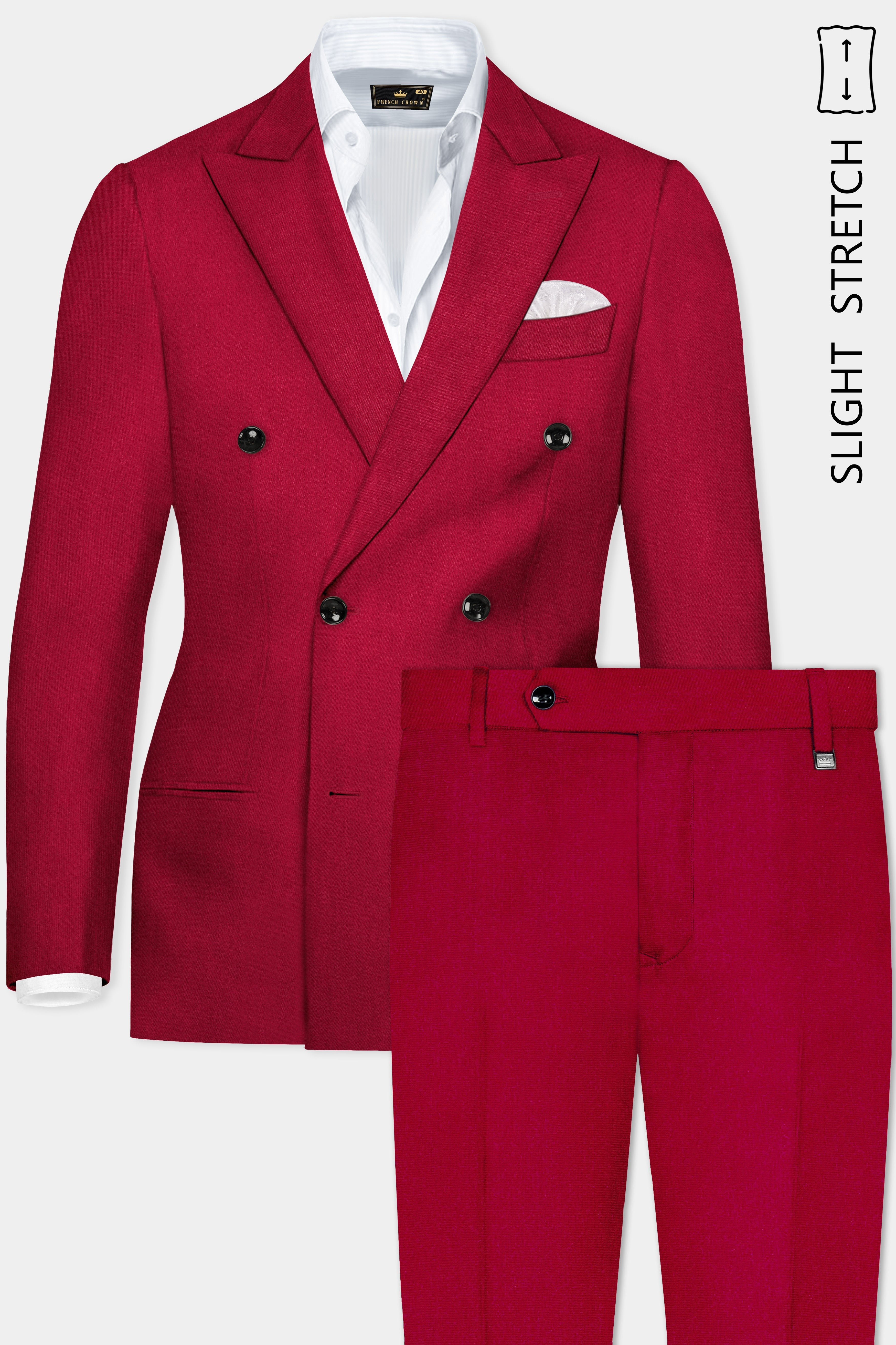 Vermilion-Chili Red Solid Wool Rich Double Breasted Slight Stretch Suit