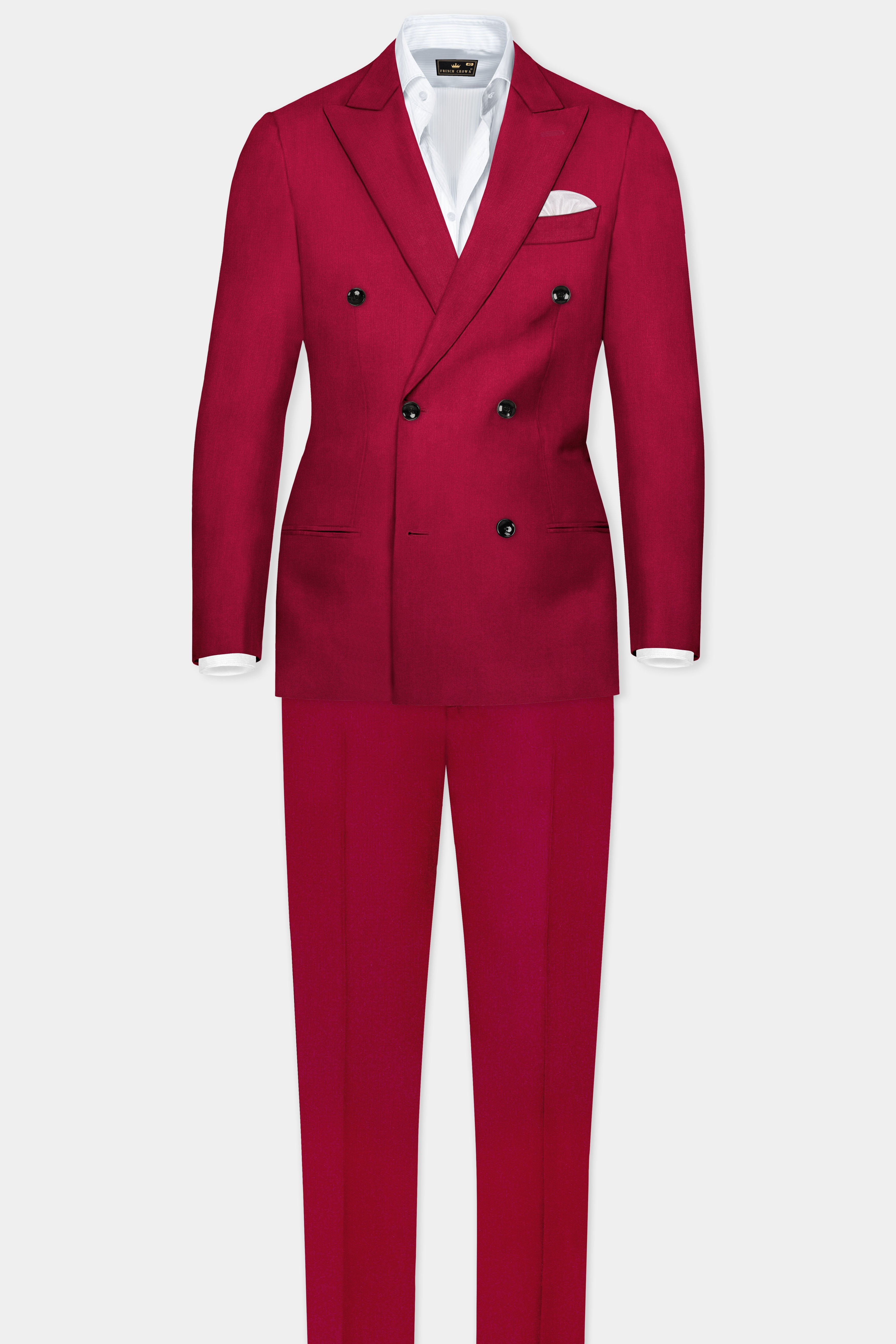 Vermilion-Chili Red Solid Wool Rich Double Breasted Slight Stretch Suit