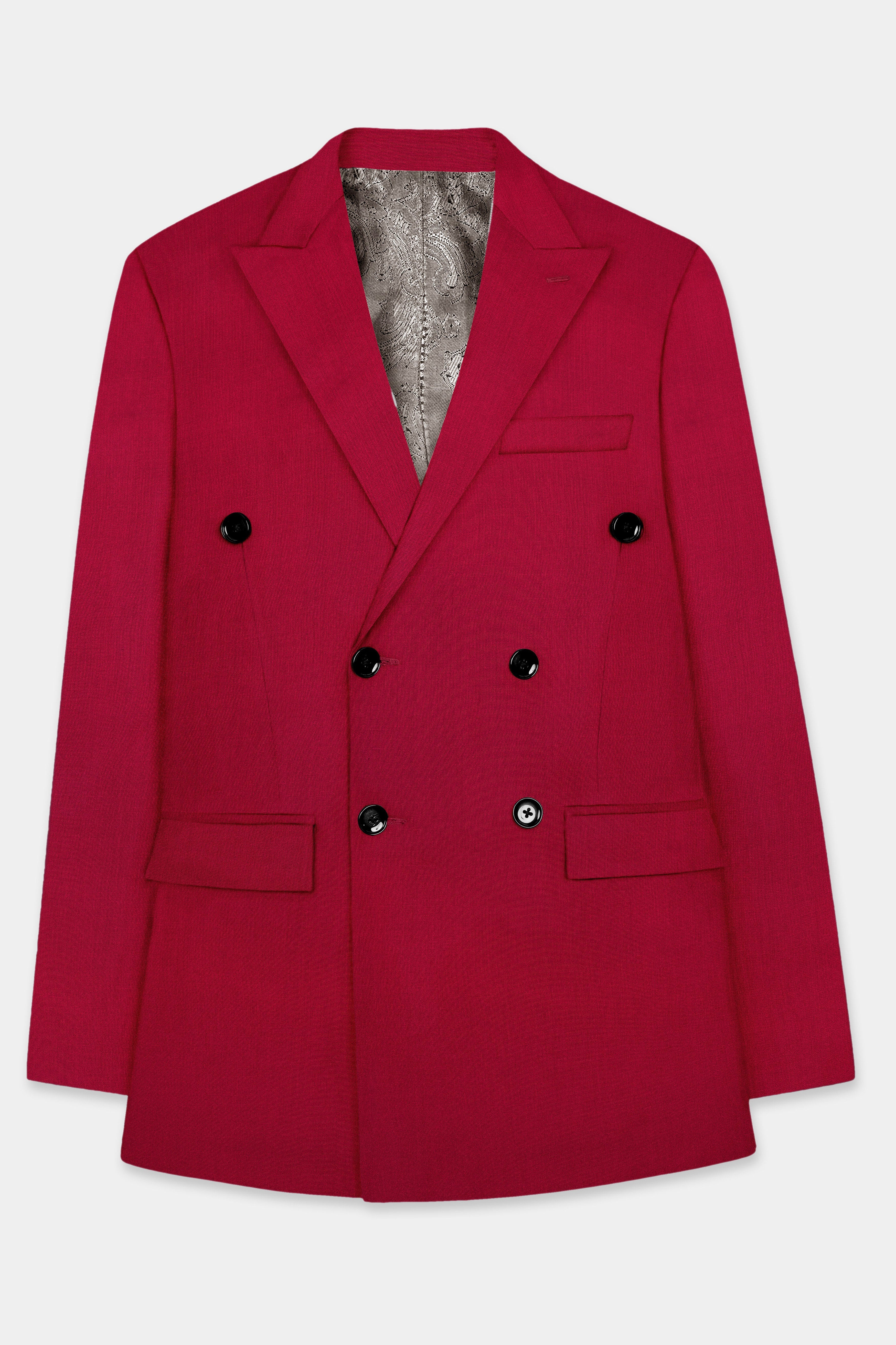 Vermilion-Chili Red Solid Wool Rich Double Breasted Slight Stretch Suit
