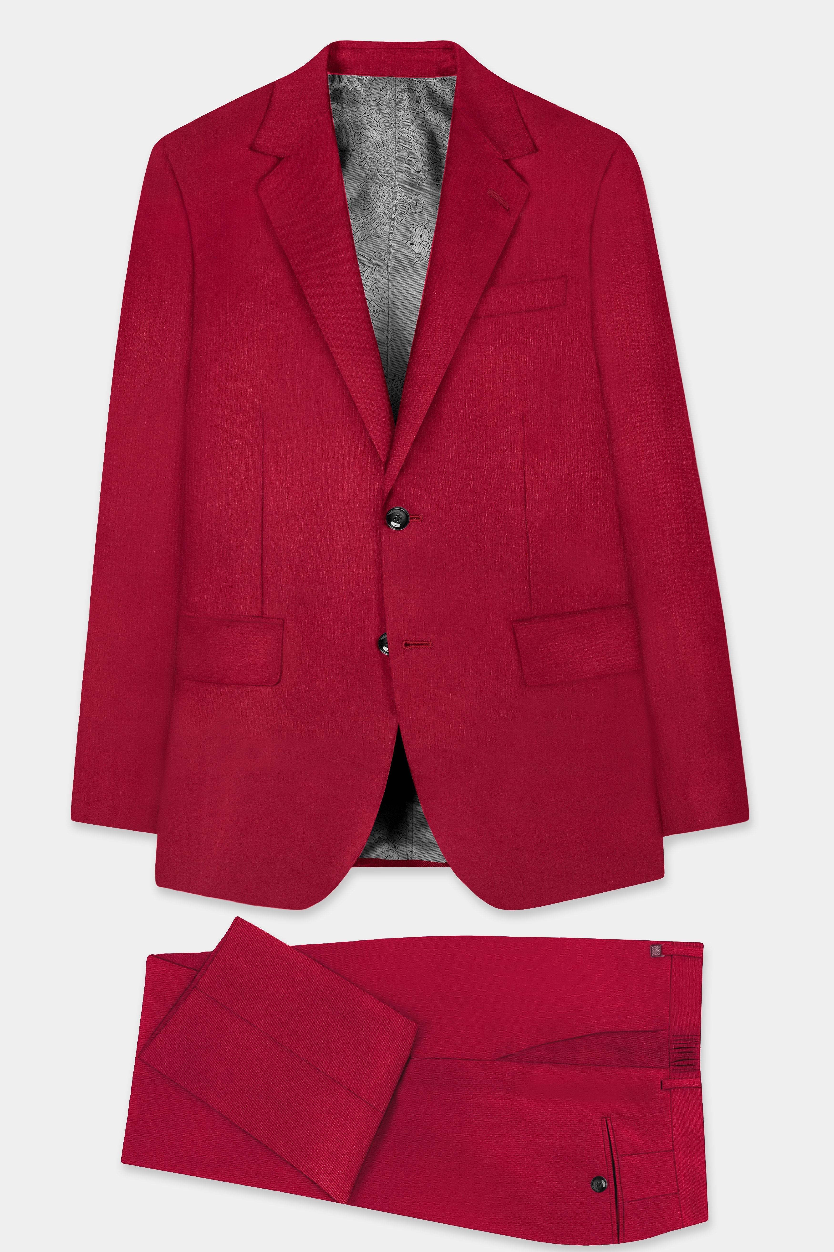 Vermilion-Chili Red Solid Wool Rich Single Breasted Slight Stretch Suit