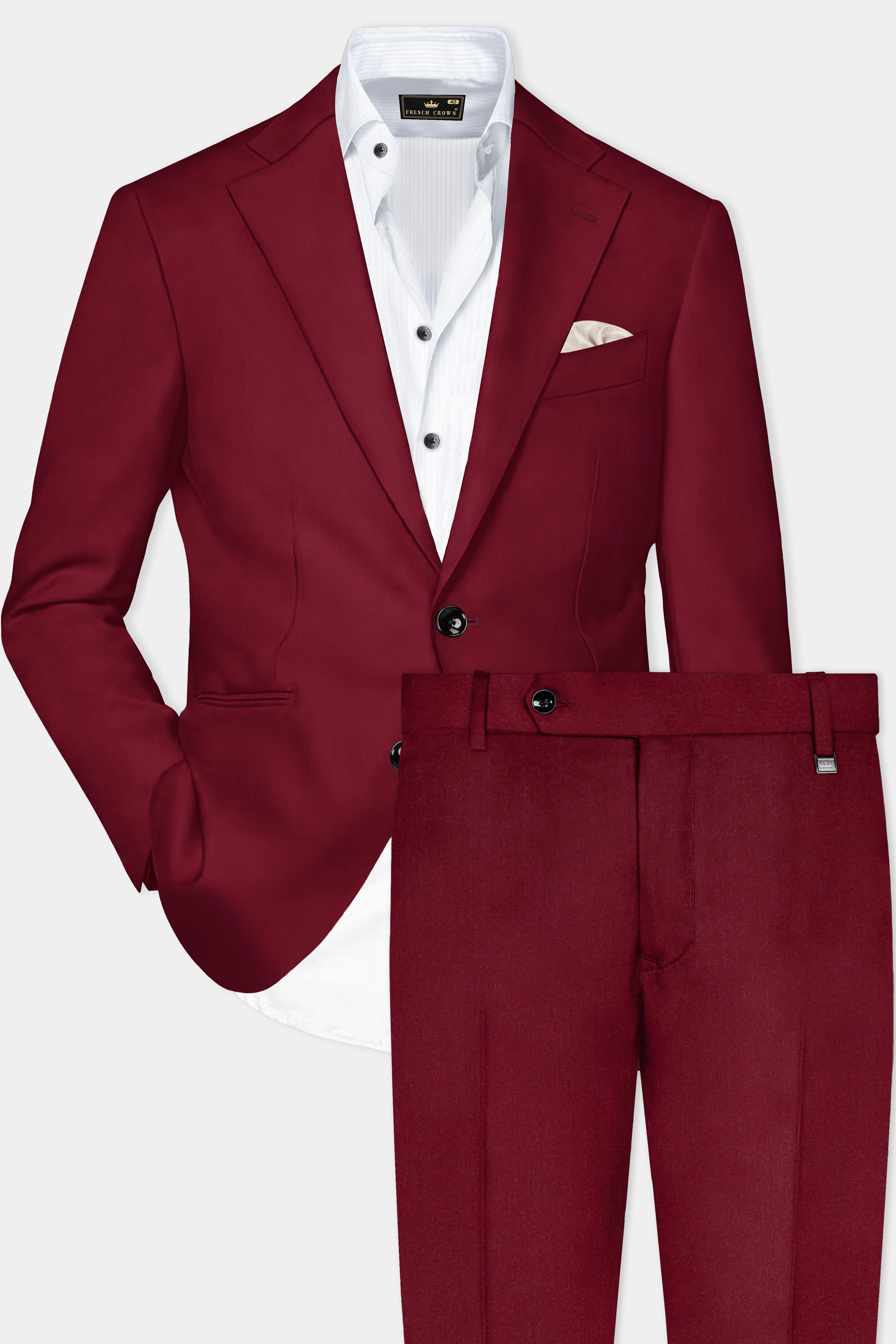 CrimsonAce-Cherry Red Solid Wool Rich Single Breasted Suit