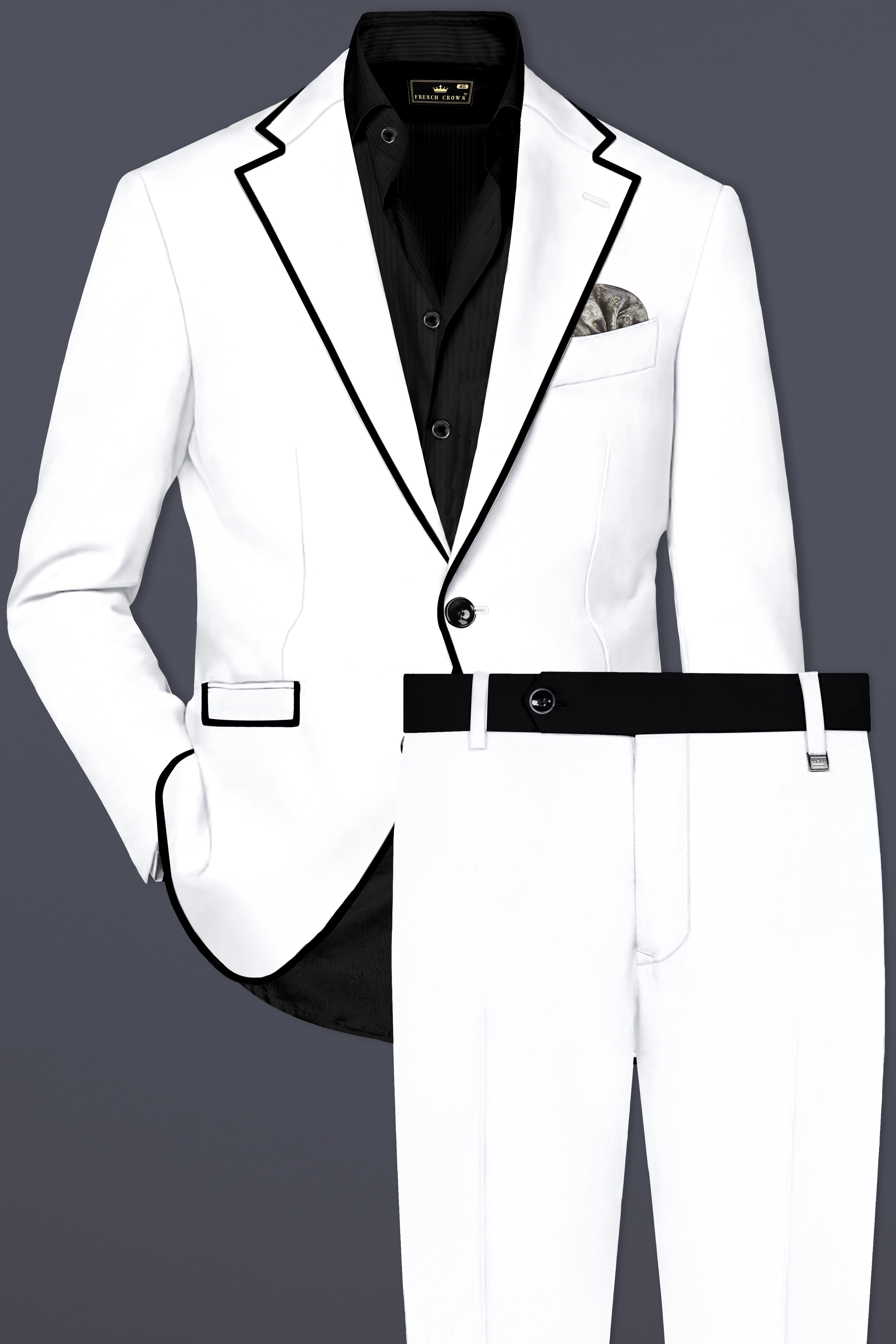 Zenith-Bright White Stretchable Subtle Sheen with Black Border Patterned Designer Suit