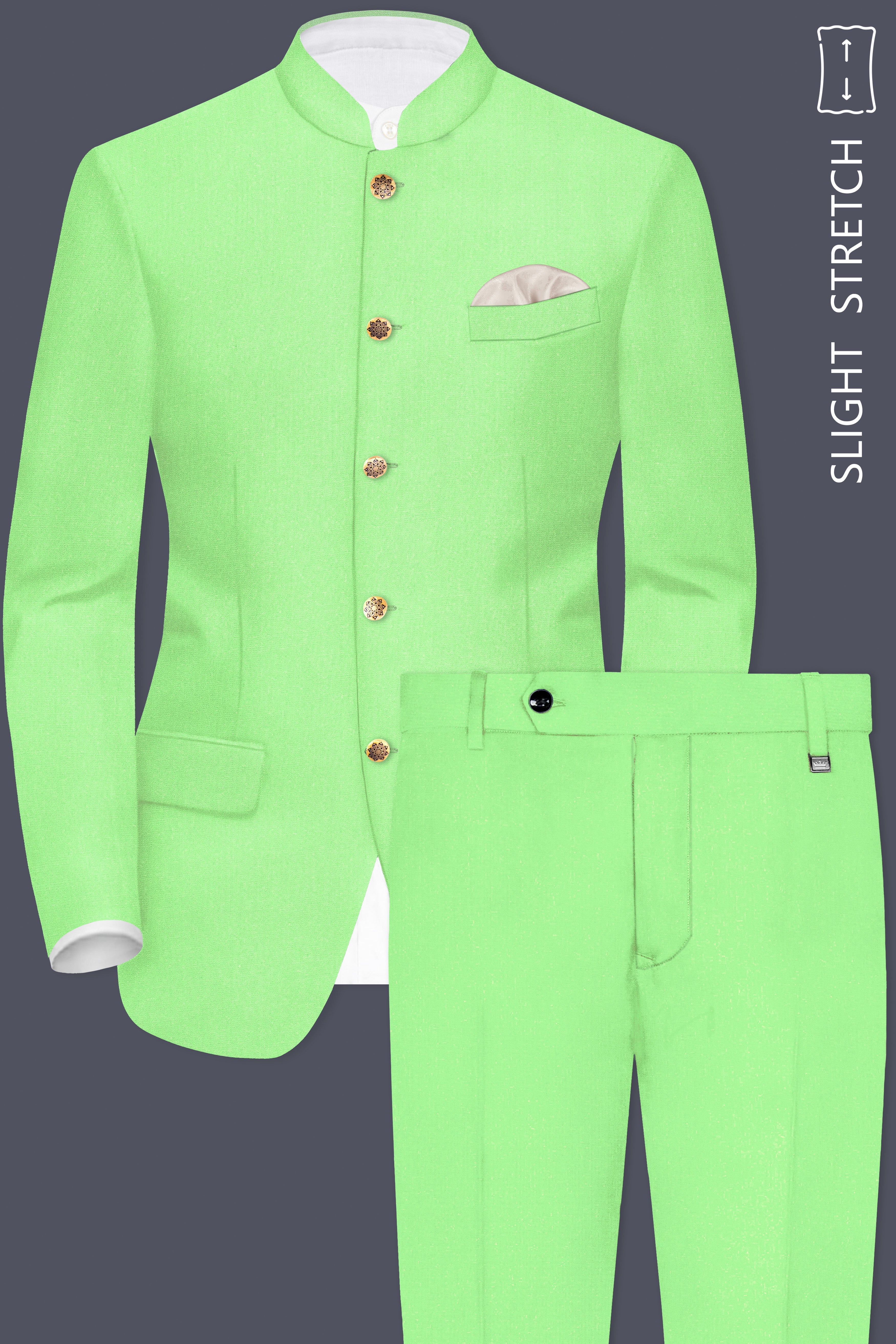 Emerald-Mint Green Solid Wool Rich Bandhgala Slight Stretch Suit