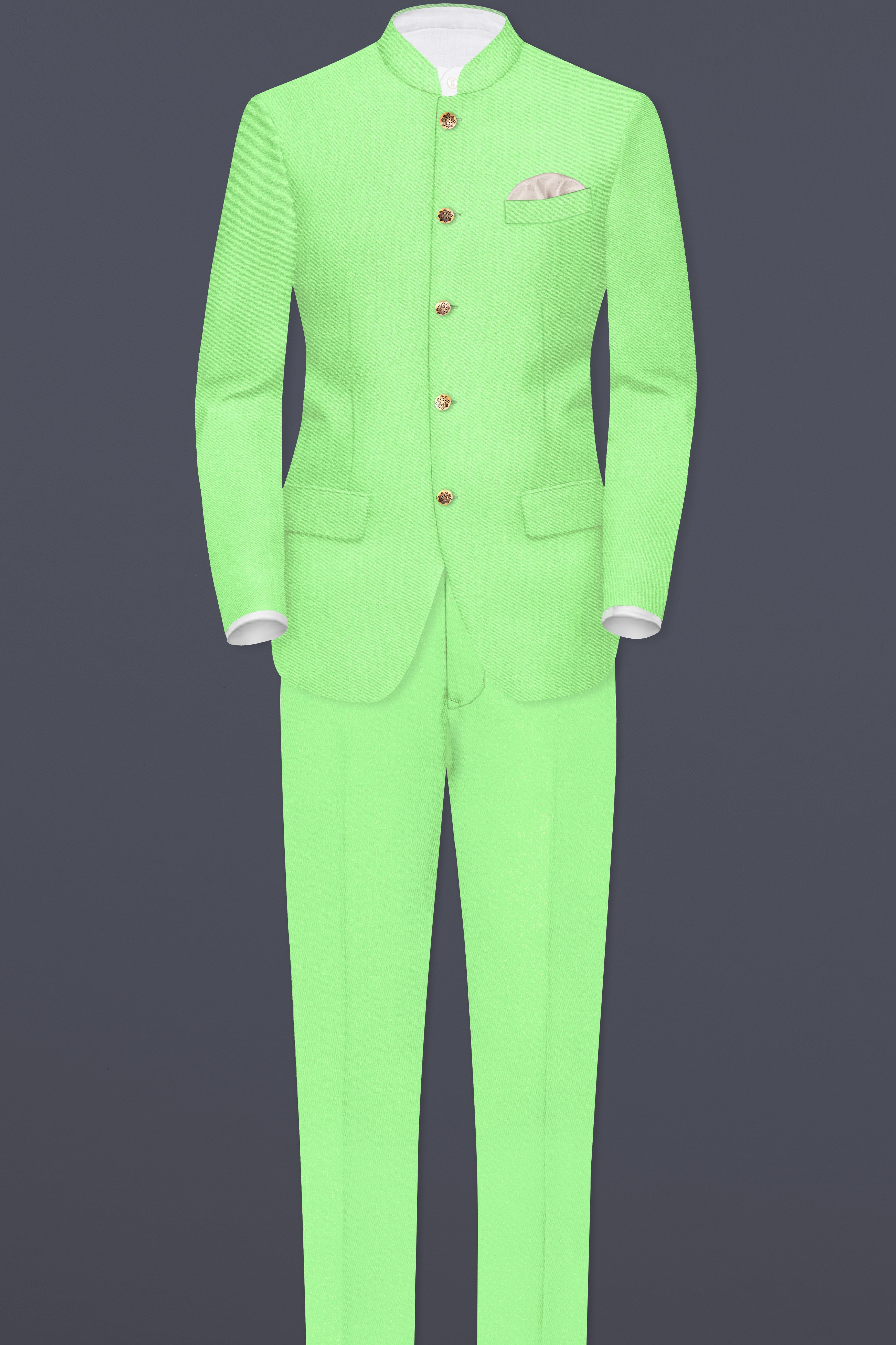 Emerald-Mint Green Solid Wool Rich Bandhgala Slight Stretch Suit