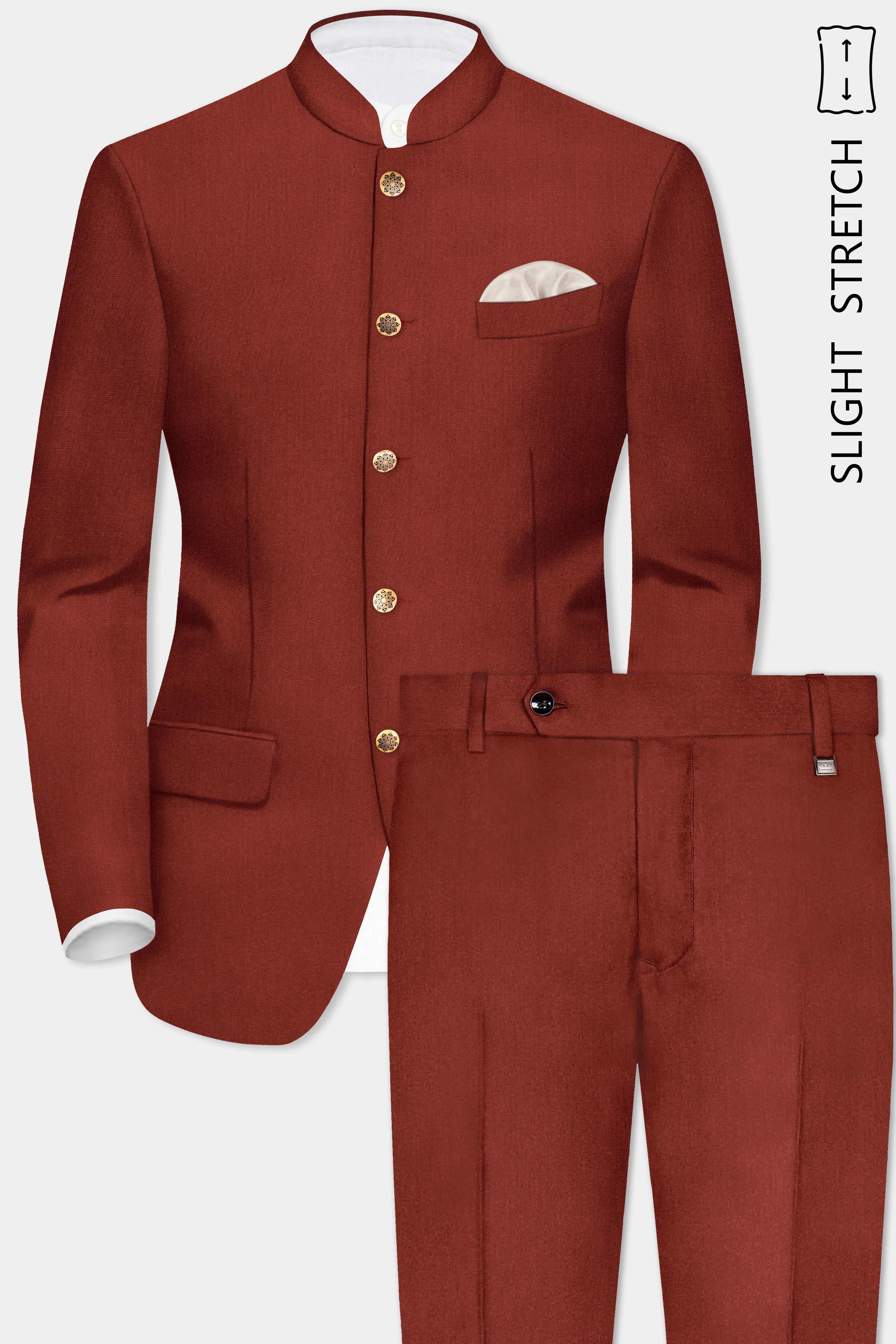 Inferno Rust-Brick Red Solid Wool Rich Bandhgala Slight Stretch Suit