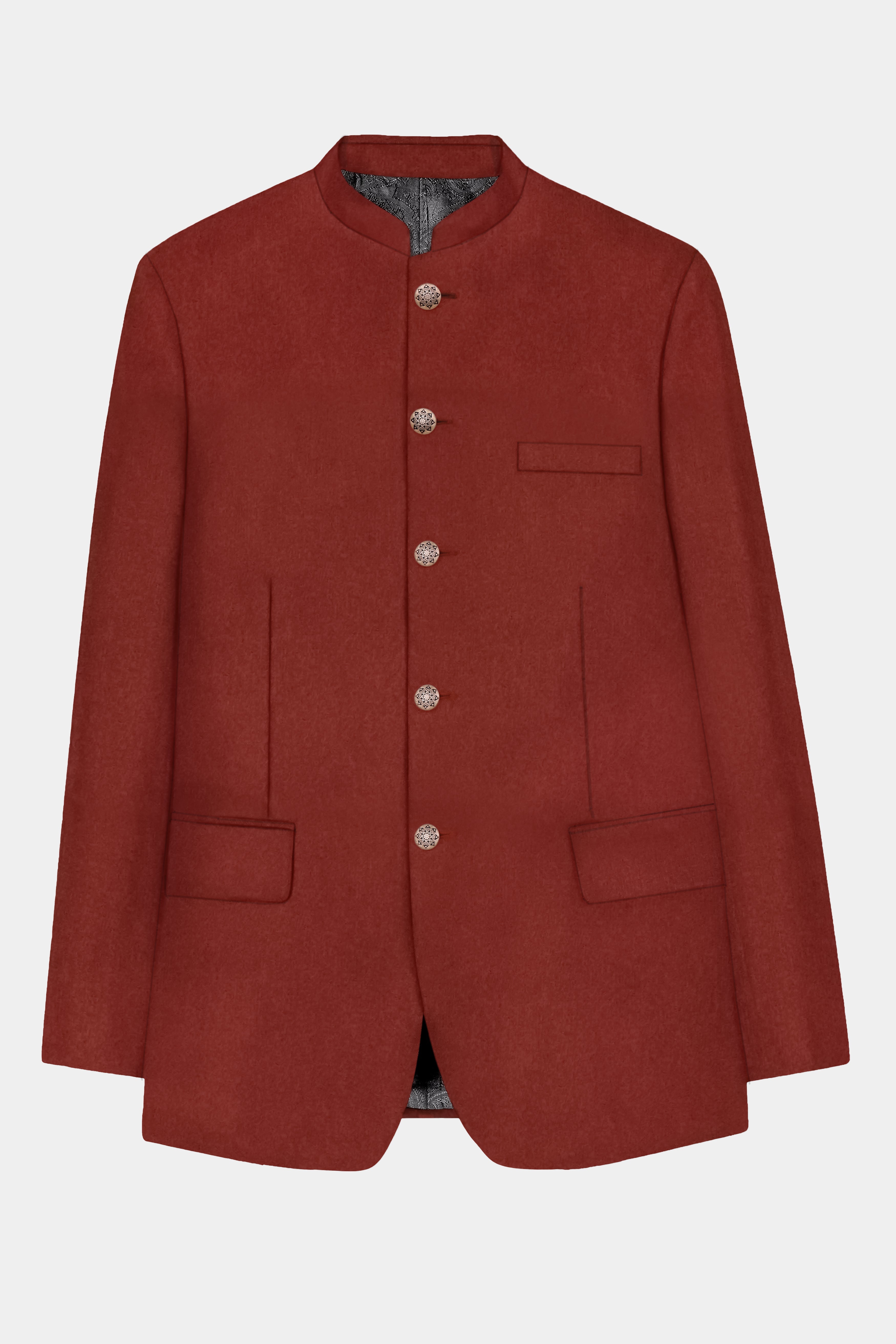 Inferno Rust-Brick Red Solid Wool Rich Bandhgala Slight Stretch Suit