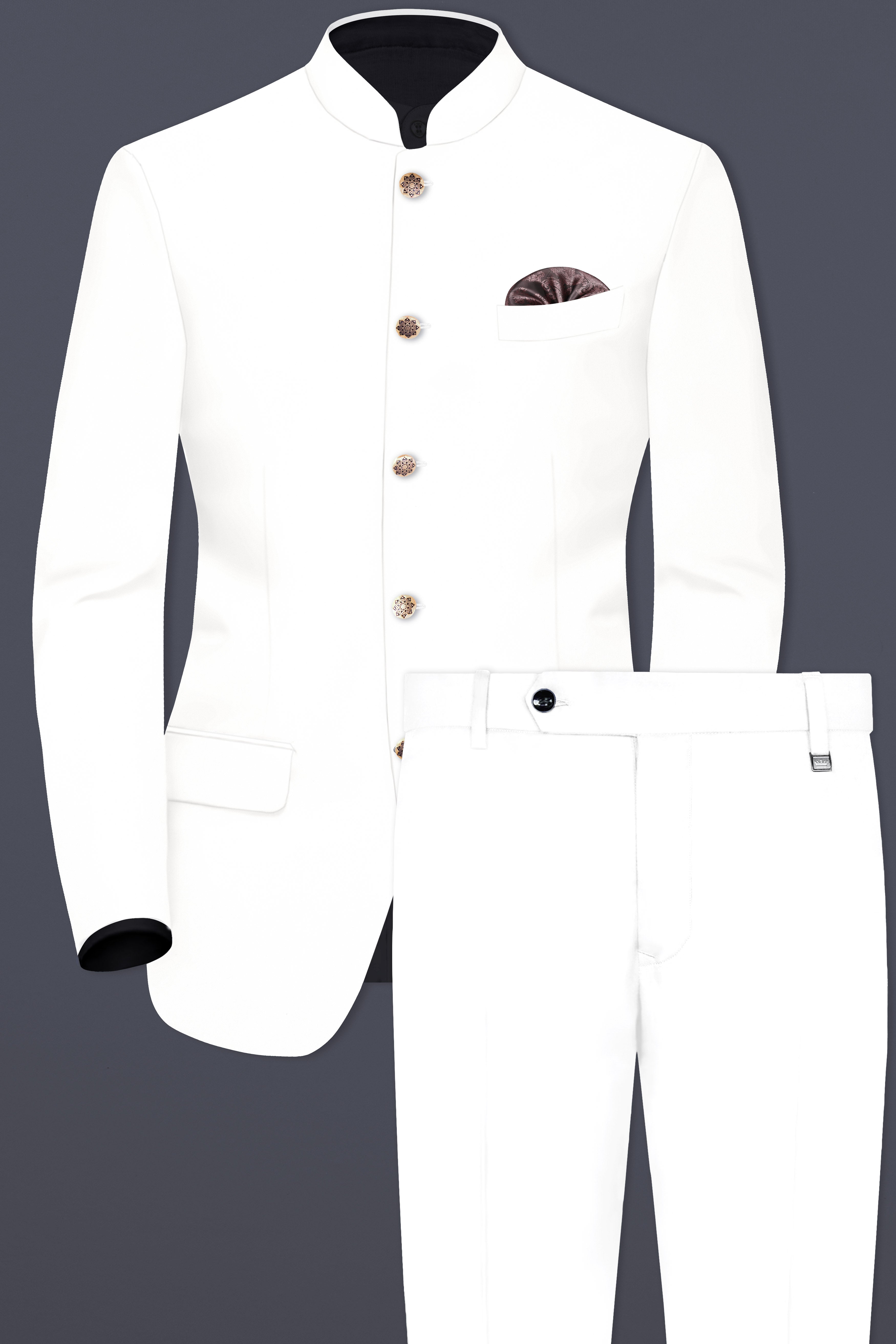 Off White Solid Wool Rich Bandhgala Suit