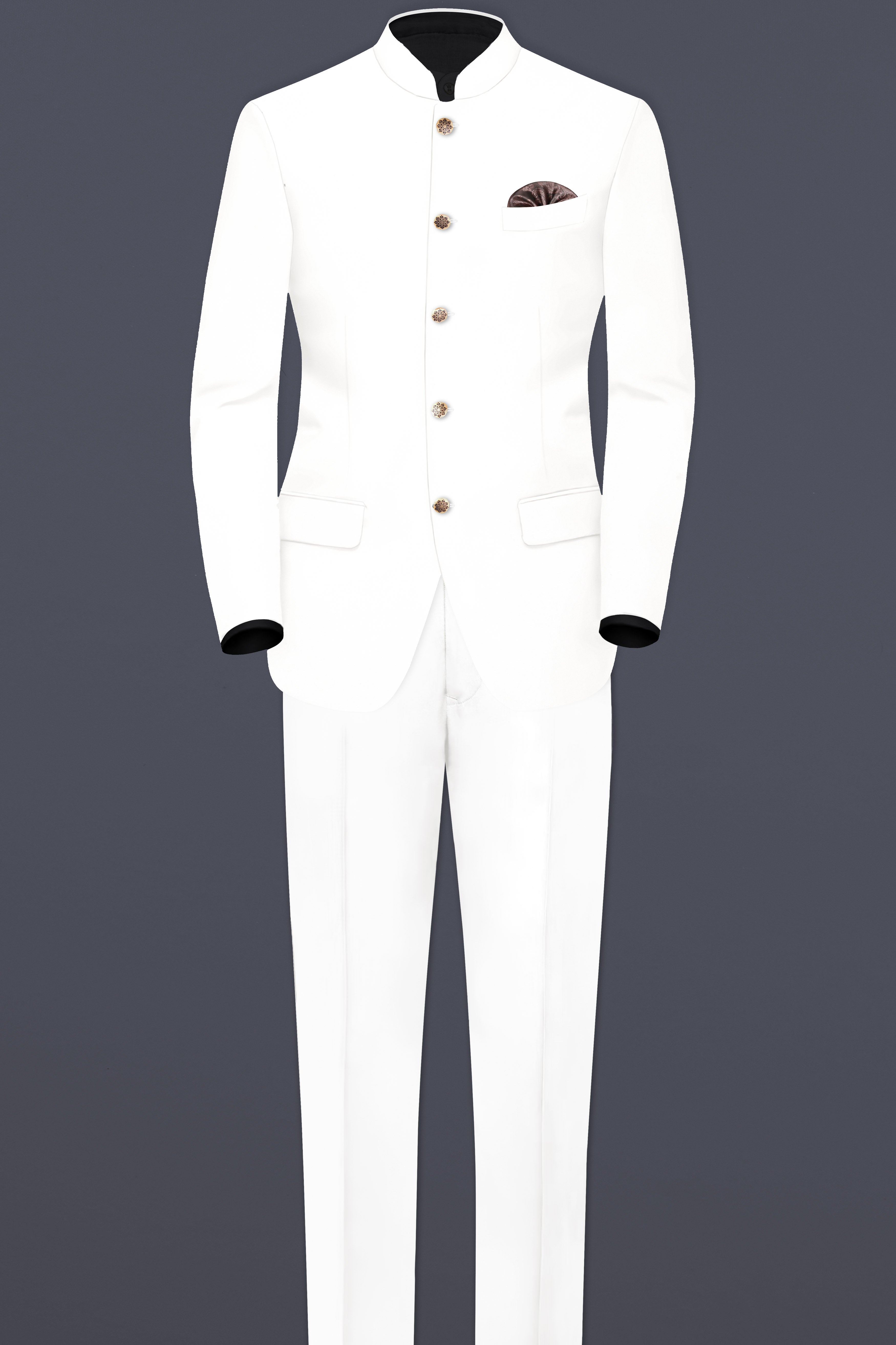 Off White Solid Wool Rich Bandhgala Suit