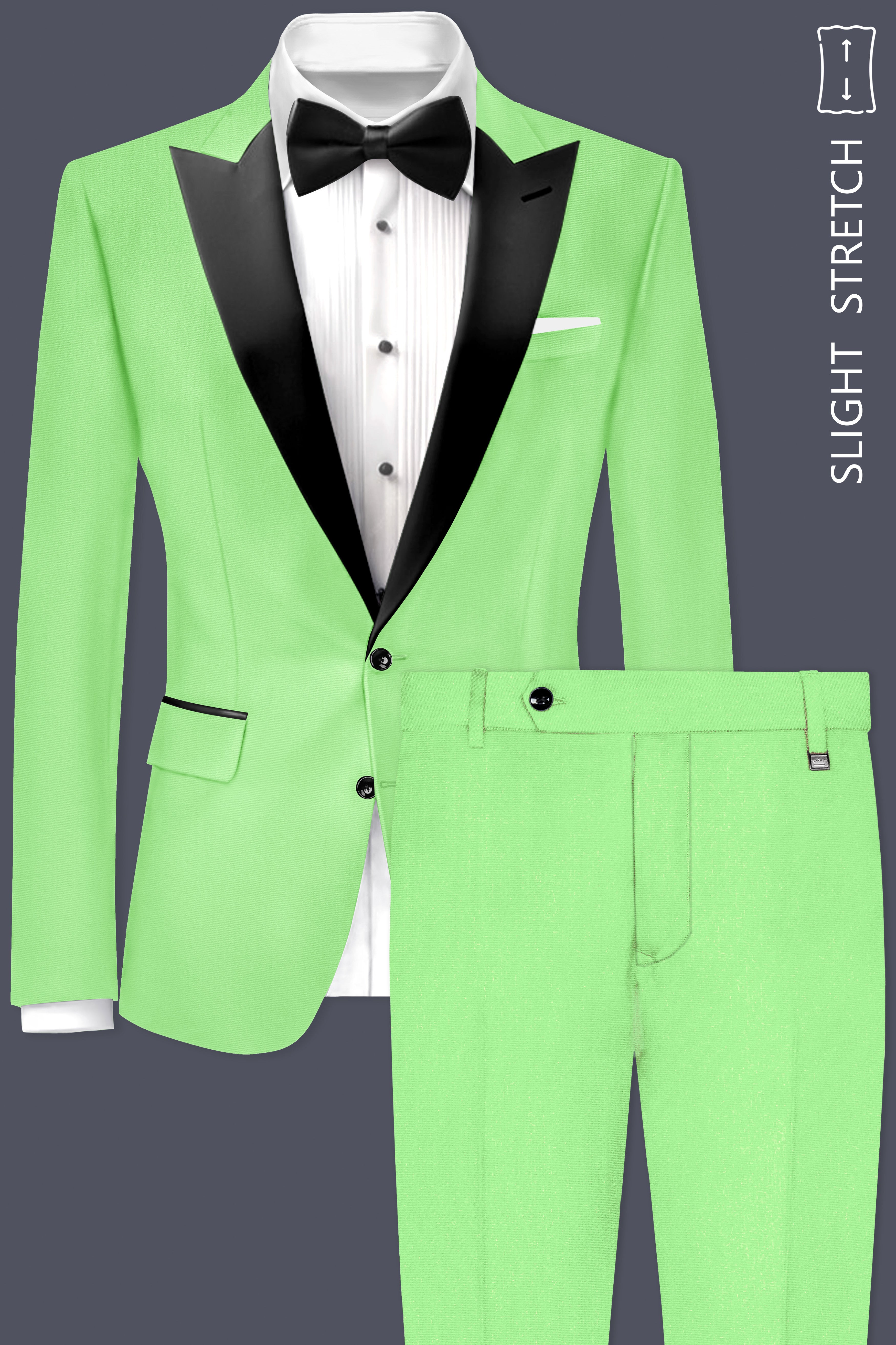 Emerald-Mint Green Solid Wool Rich Peak Lapel Tuxedo Slight Stretch Suit