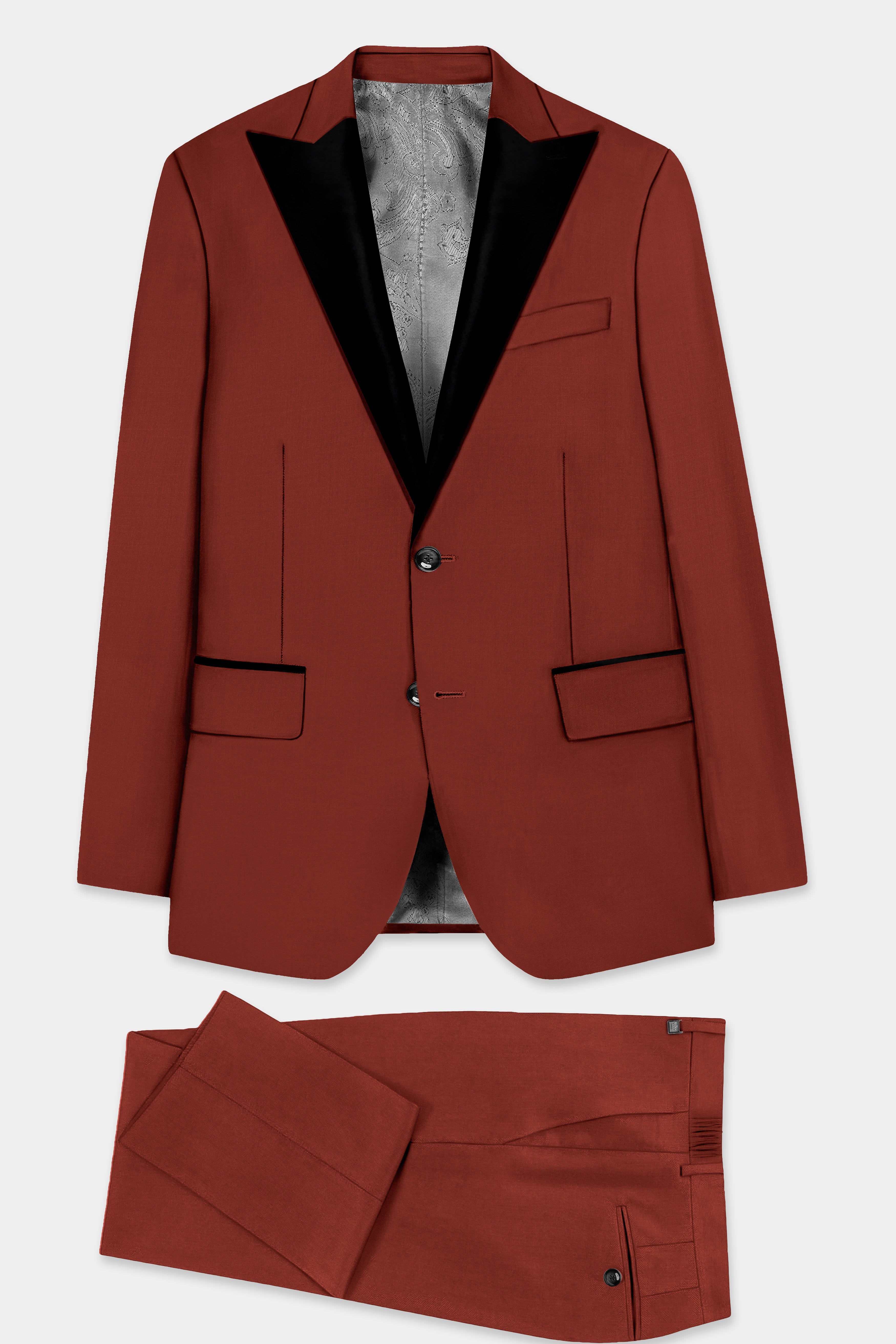 Inferno Rust-Brick Red Solid Wool Rich Peak Lapel Tuxedo Suit