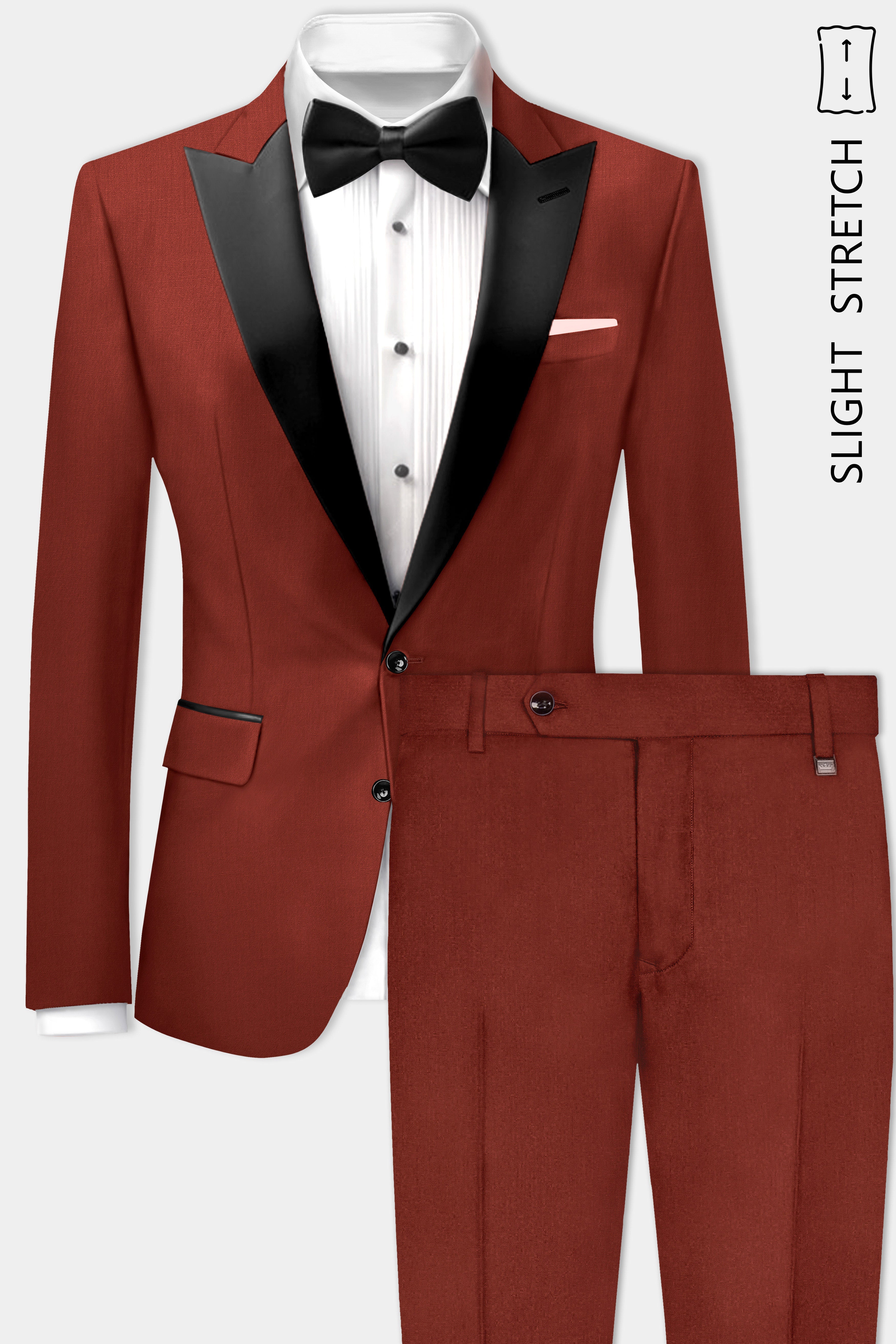 Inferno Rust-Brick Red Solid Wool Rich Peak Lapel Tuxedo Slight Stretch Suit