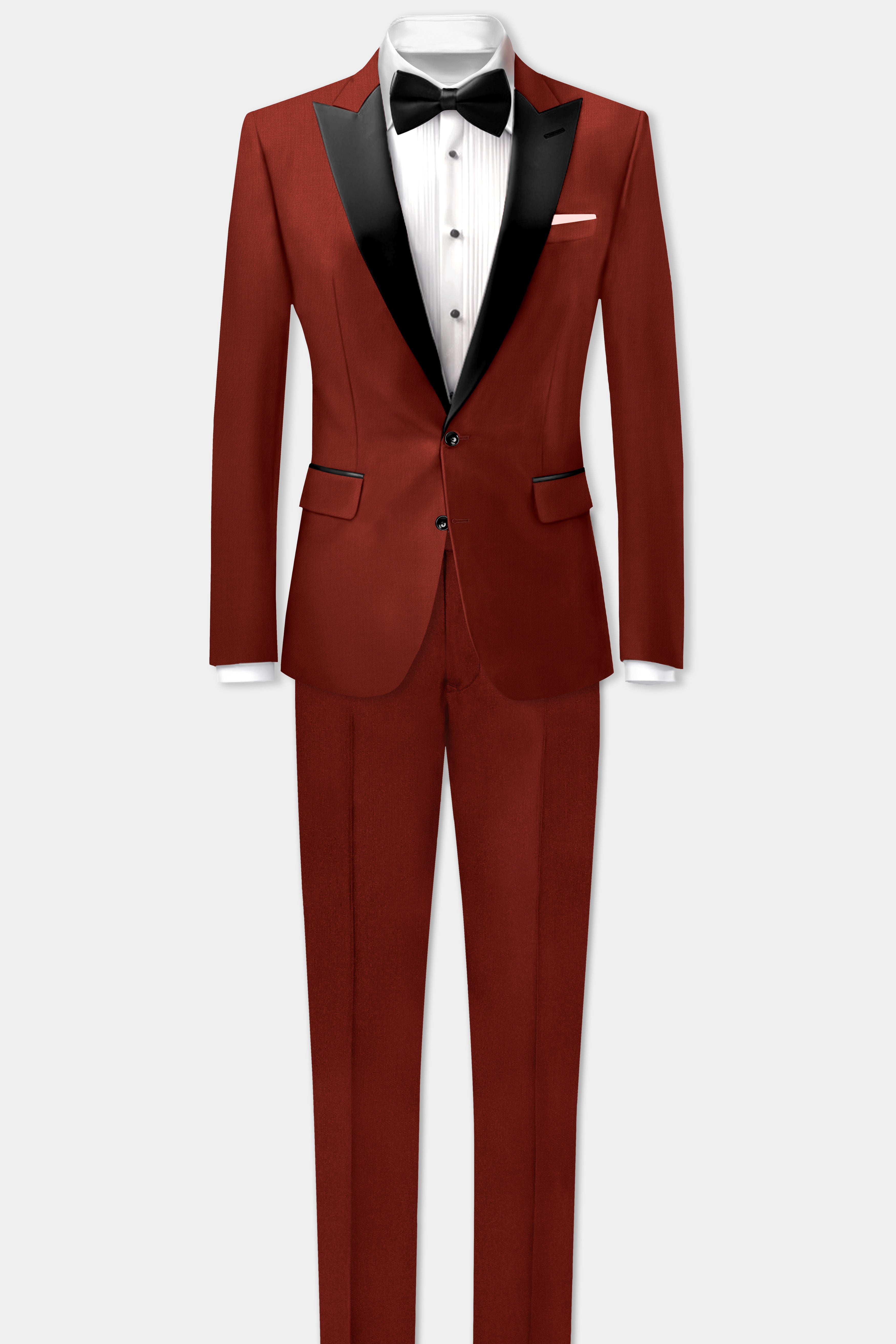 Inferno Rust-Brick Red Solid Wool Rich Peak Lapel Tuxedo Suit