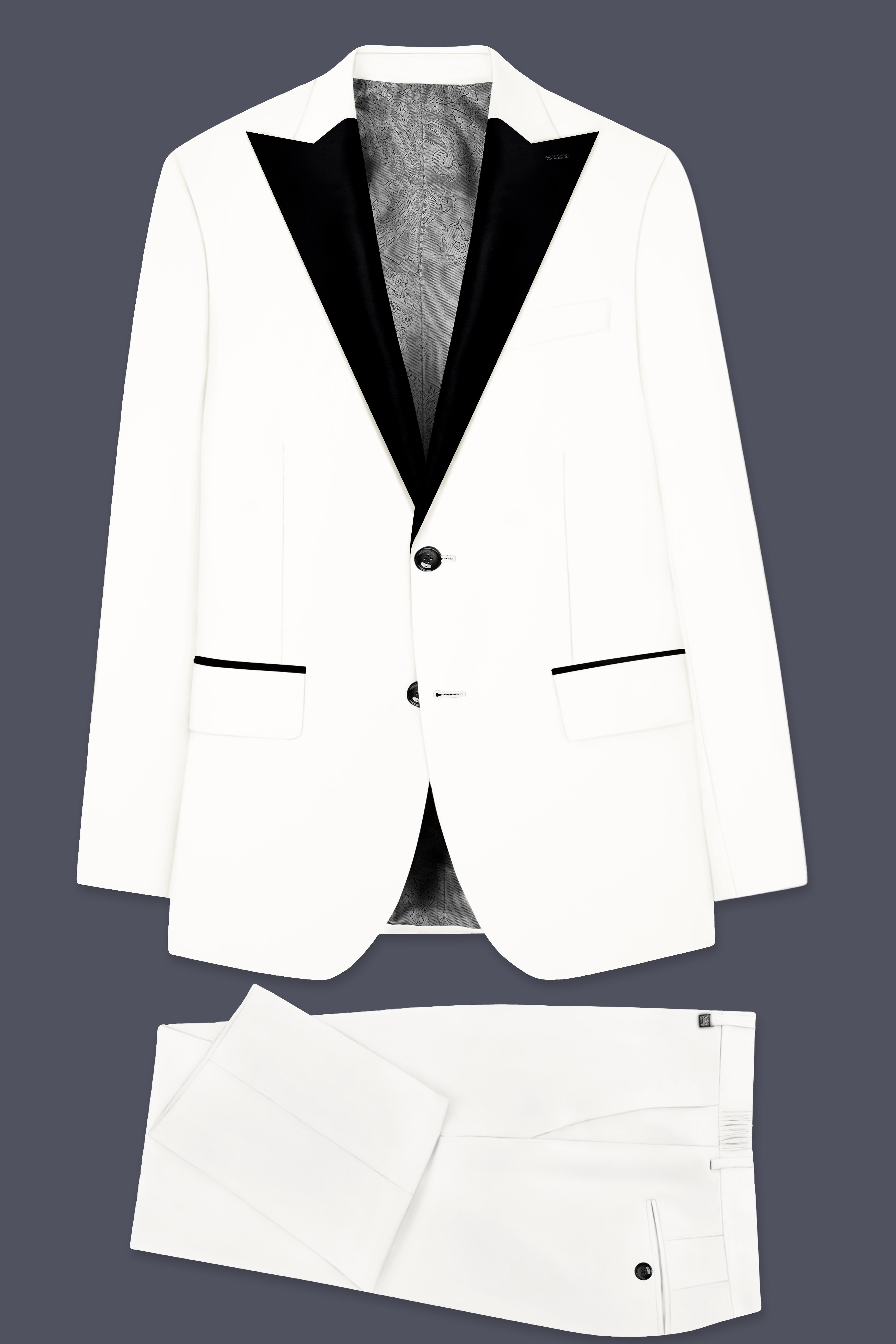 Off White Solid Wool Rich Peak Lapel Tuxedo Suit