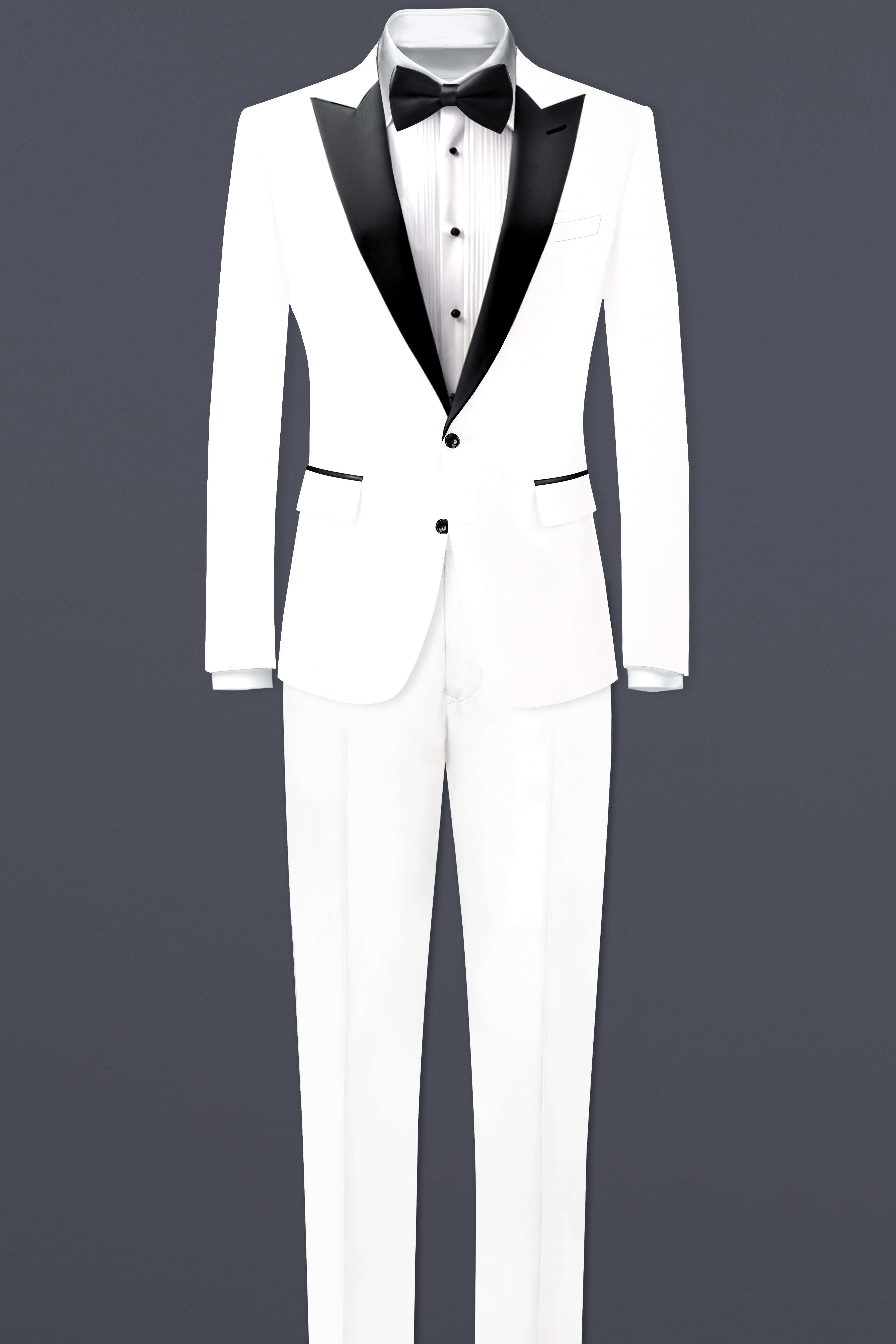 Off White Solid Wool Rich Peak Lapel Tuxedo Slight Stretch Suit
