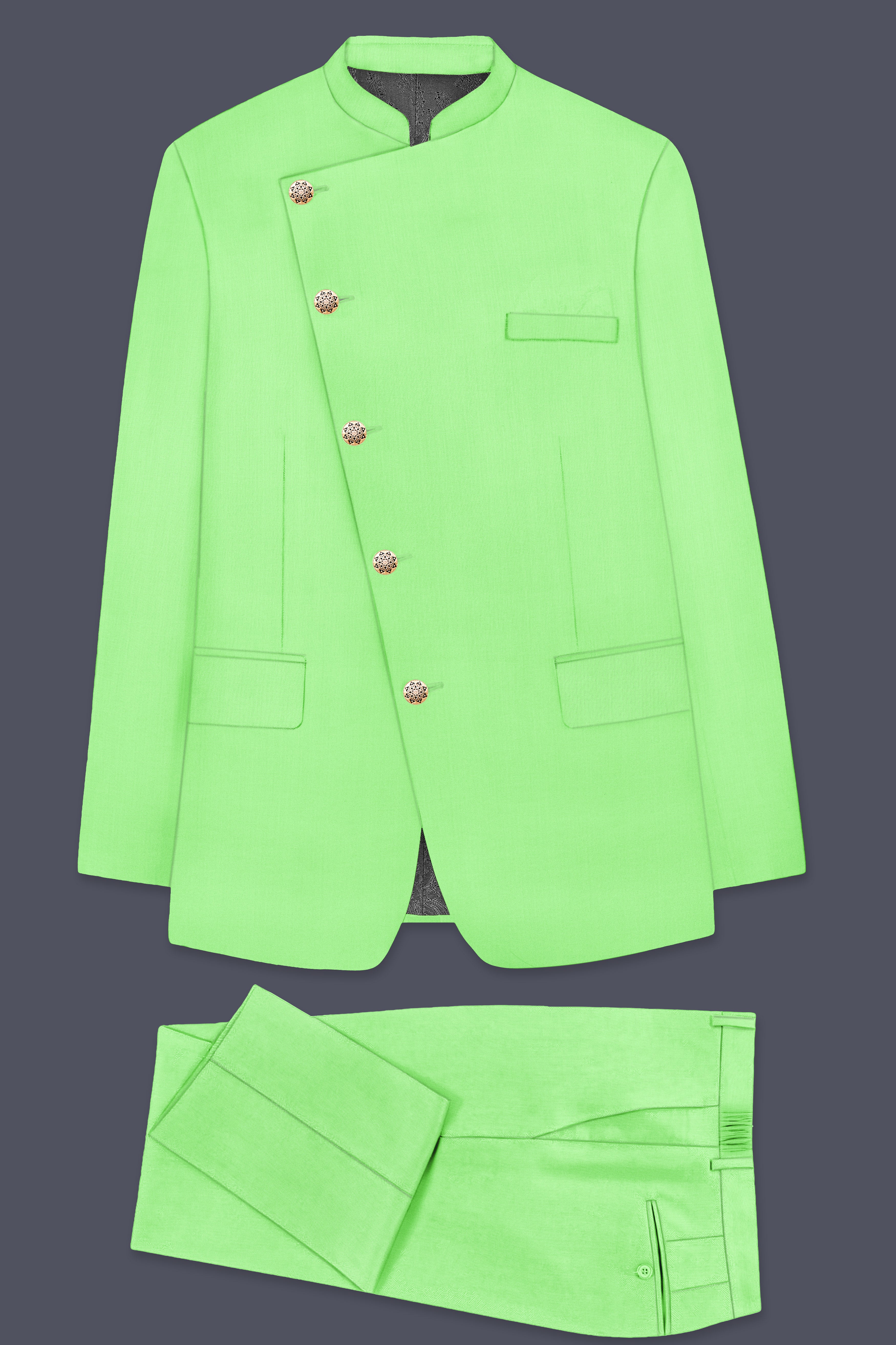 Emerald-Mint Green Solid Wool Rich Cross Placket Bandhgala Slight Stretch Suit