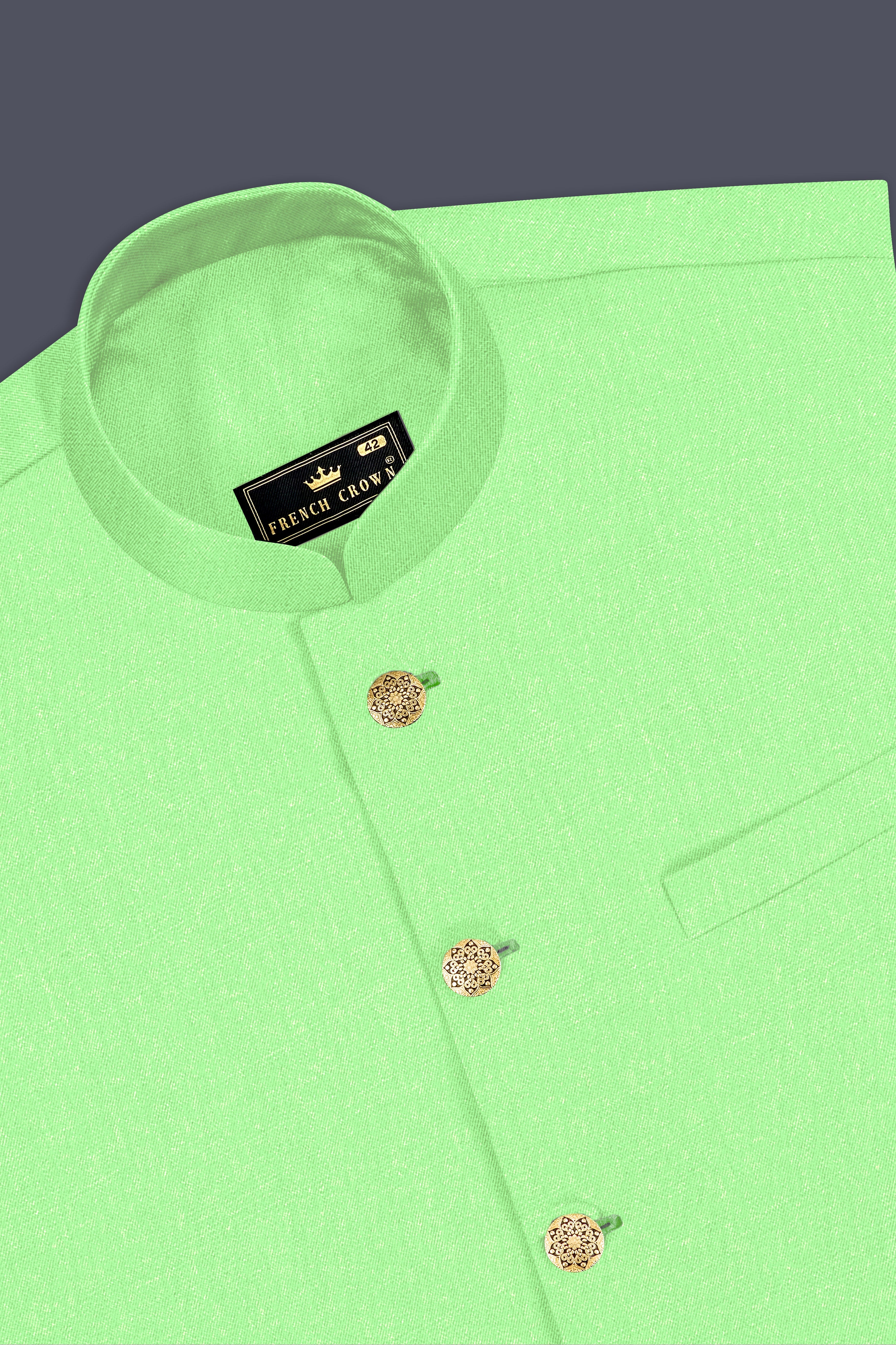 Emerald-Mint Green Solid Wool Rich Cross Placket Bandhgala Slight Stretch Suit