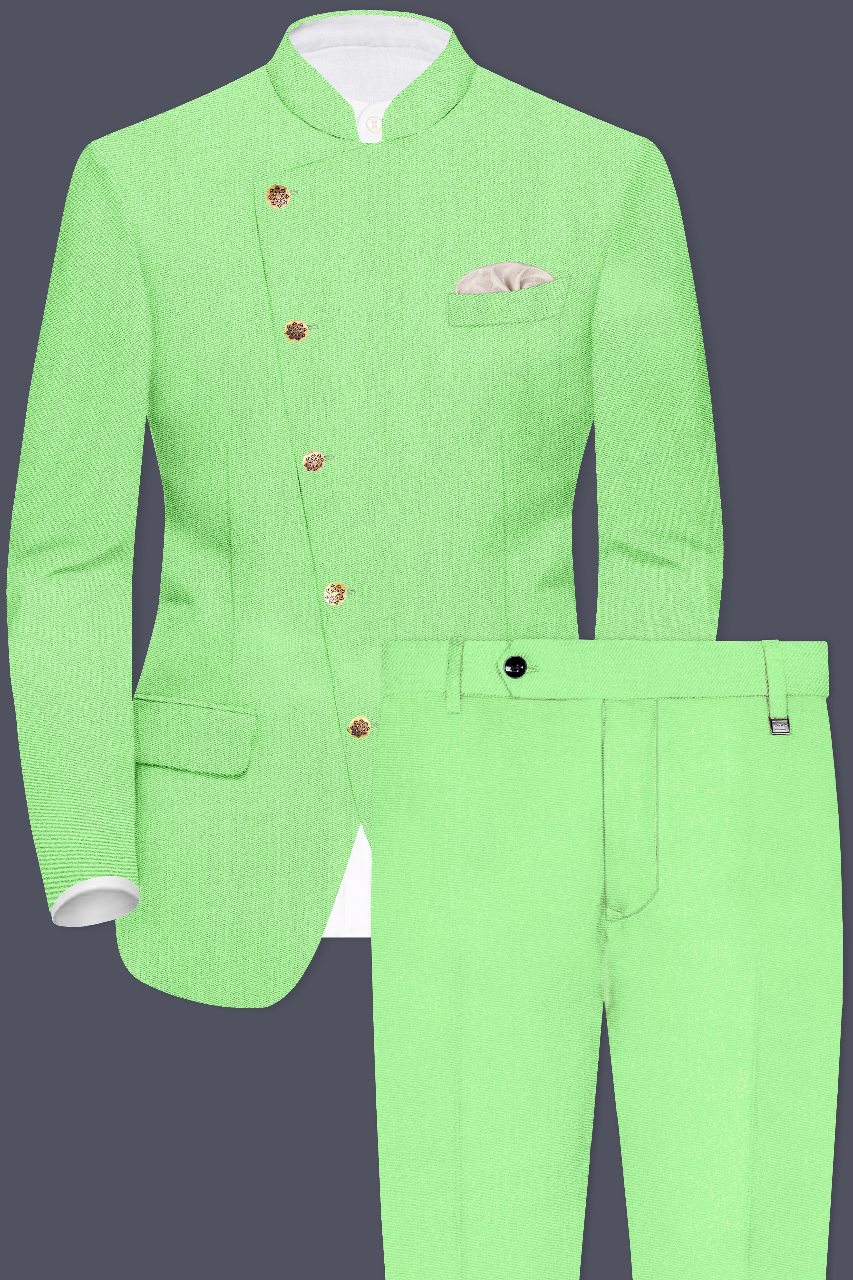 Emerald-Mint Green Solid Wool Rich Cross Placket Bandhgala Suit